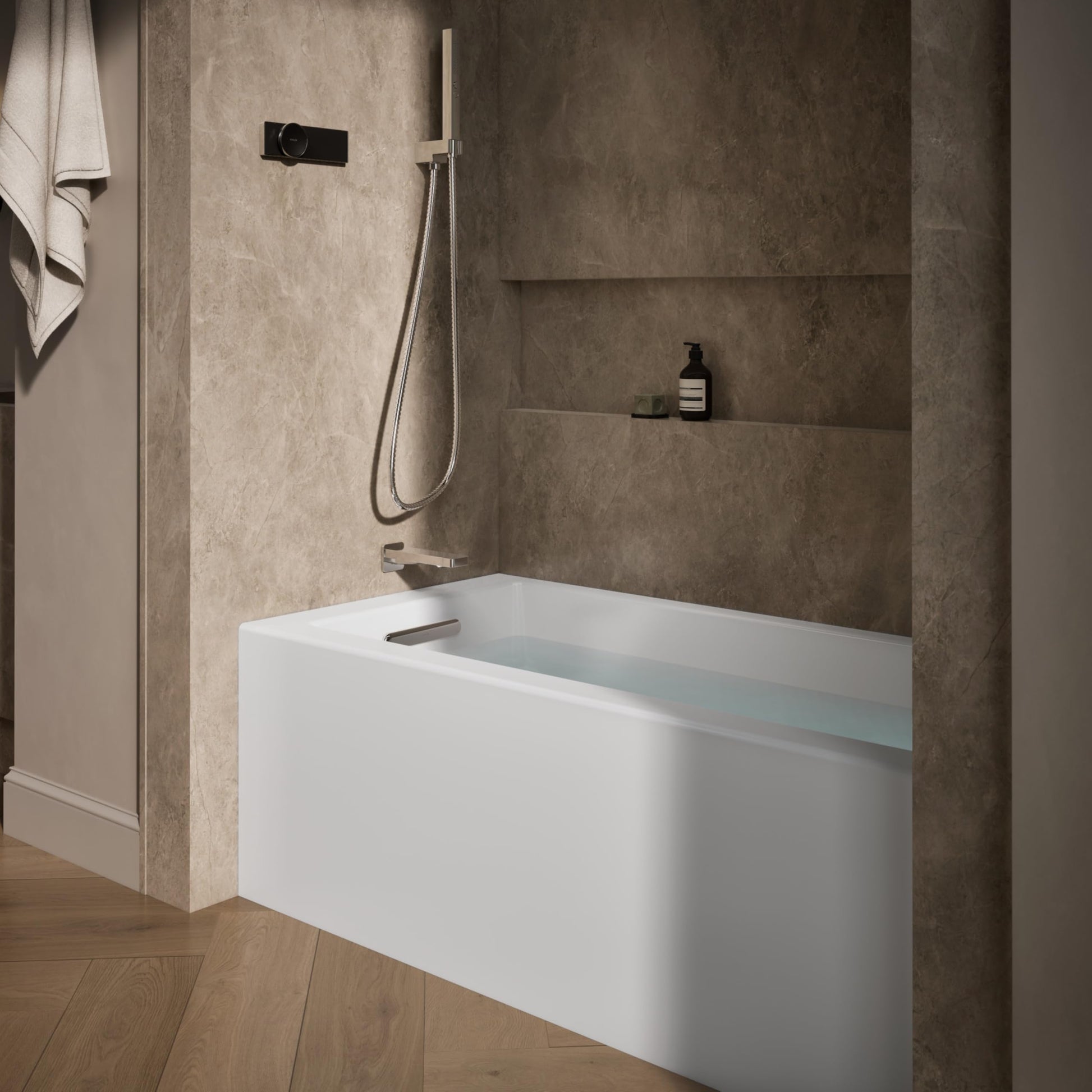 Dark Olive Green Kohler 20201-LA-0 Underscore® 60" x 30" alcove bath with integral apron, integral flange, and left-hand drain, White