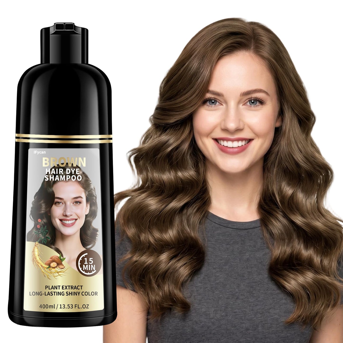 White Smoke ifycan Brown Hair Dye Shampoo – 100% Gray Coverage in 15–20 Mins, 3 in 1 Hair Color Shampoo with 6 Herbal Extracts (Ginseng + Argan Oil), Ammonia & Paraben Free, Semi-Permanent Color for Women & Men
