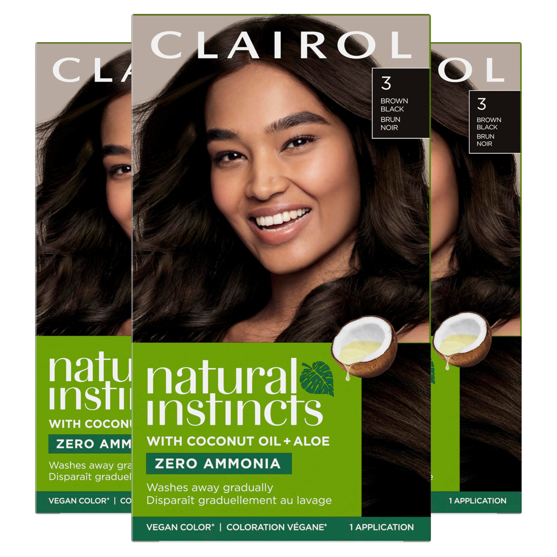 Black Clairol Natural Instincts Demi-Permanent Hair Dye, 3 Brown Black Hair Color, Pack of 3