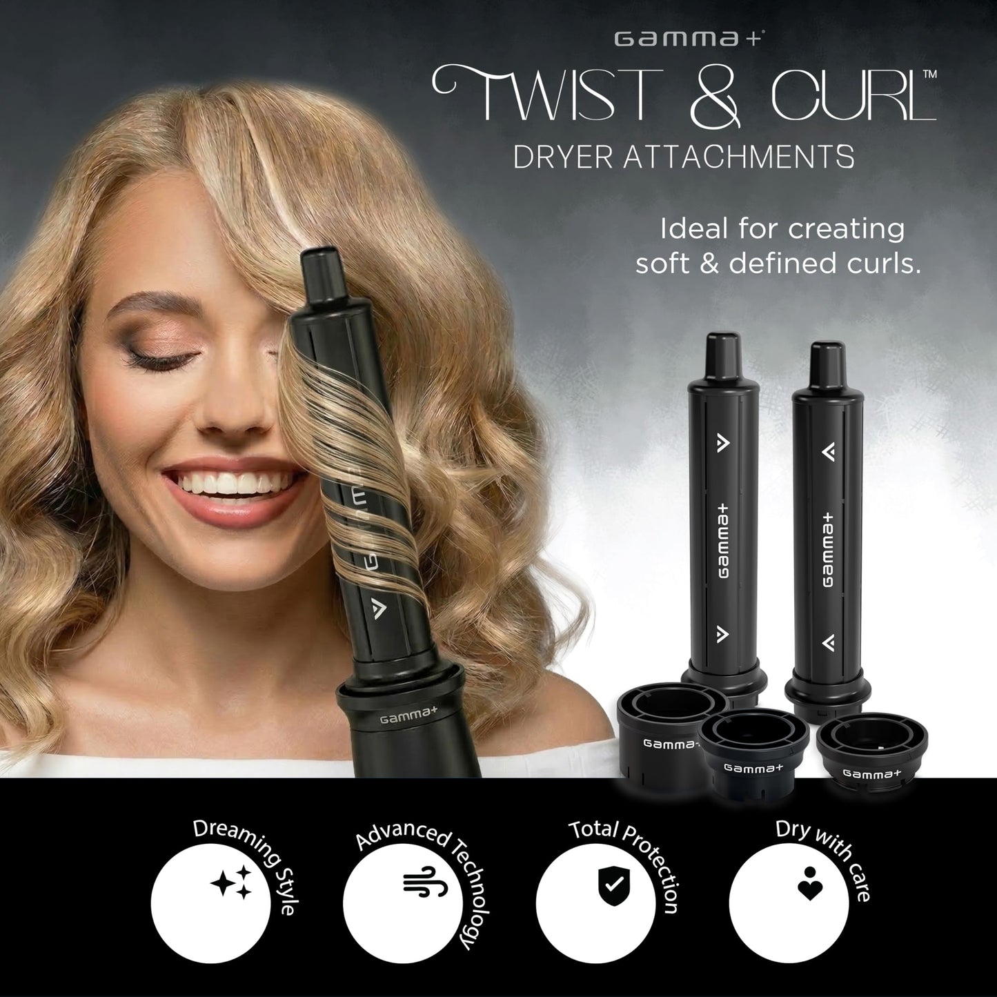 Black GAMMA+ Twist & Curl Air Dryer Attachments Compatible GAMMA+ Xcell and X-Hybrid Hair Dryer, Auto-Wrap Curling Iron Curlers, Waves & Volume Hair Tool