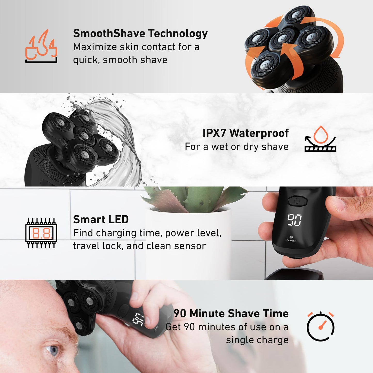 White Smoke Groomie Cordless Bald Head Shavers for Men, BaldiePro Head Grooming Kit - Ergonomic & Waterproof Head Shavers for Bald Men - Electric Hair Shaver & Head Razor - Men's Rotary Shaver for Smooth Shave