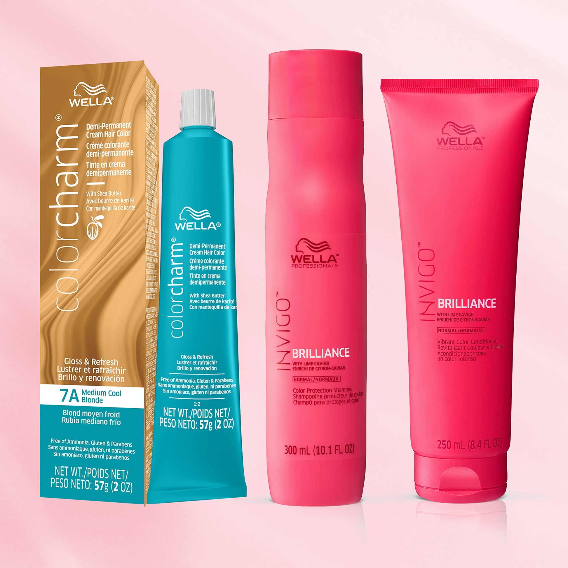 Misty Rose Wella Professionals Invigo Brilliance Color Protection Shampoo & Conditioner, For Fine Hair + Wella ColorCharm Demi Permanent Hair Color, 7A Medium Cool Blonde