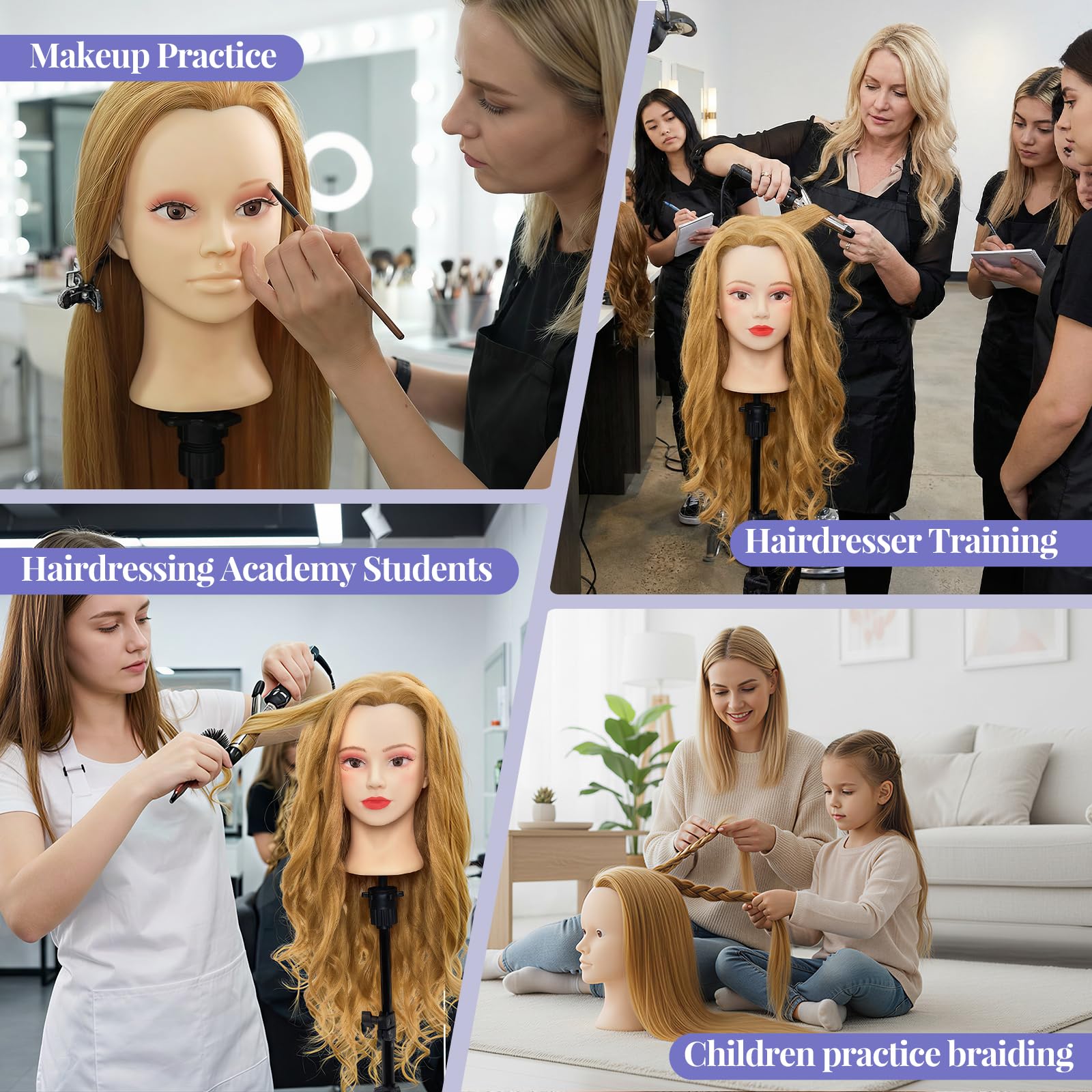 Light Gray Mannequin Head with 90% Real Human Hair - 28 Inch Makeup Cosmetology Manikin Doll Head for Hair Styling, Training Practice Braiding Mannequin Head with False Eyelashes Hair Styling Set