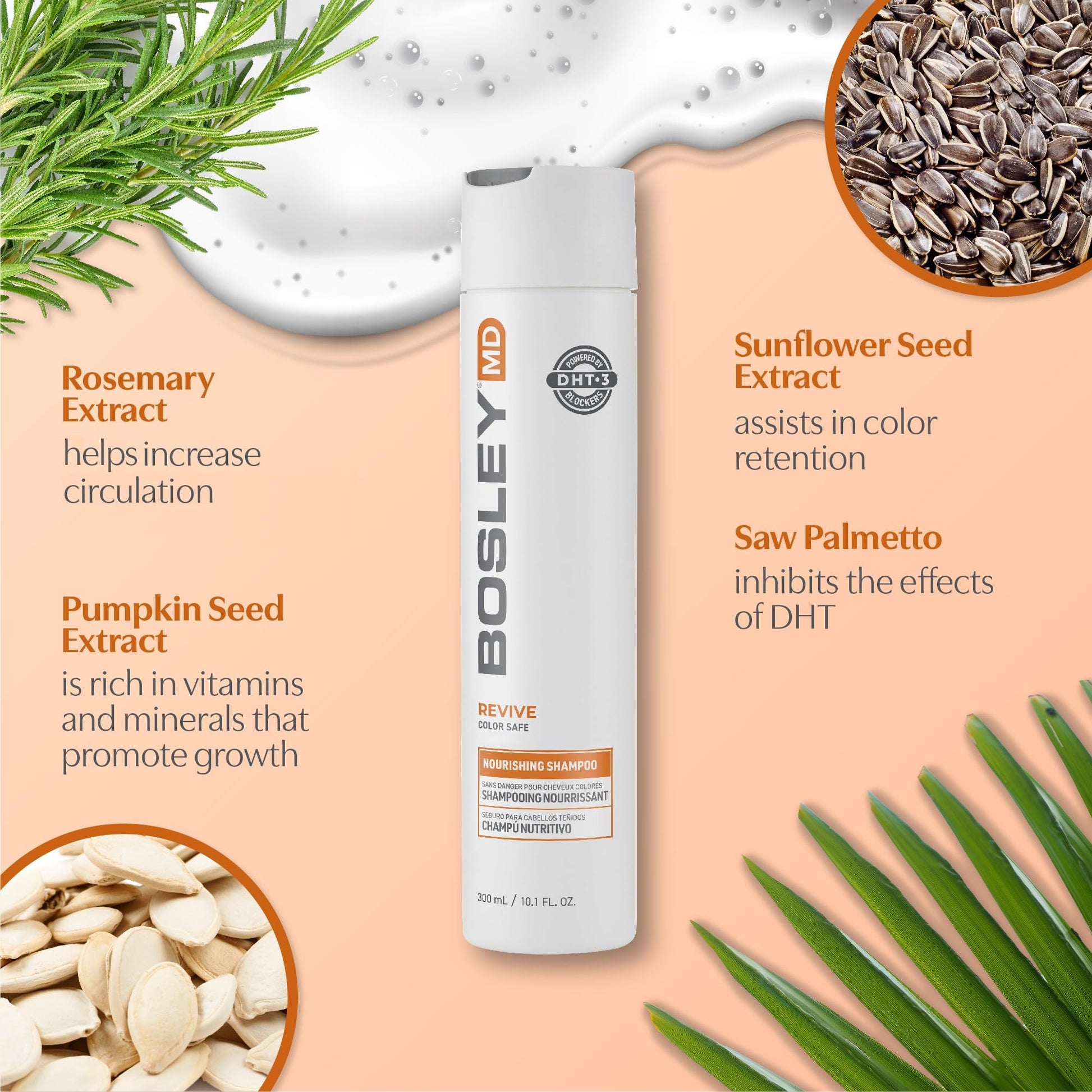 Navajo White BosRevive Nourishing Shampoo for Noticeably Thinning Hair (Color Safe) – DHT Blocker, Sulfate-Free, Vegan Formula with Biotin, Saw Palmetto & Rosemary – Strengthens & Volumizes – 10.1 Fl Oz