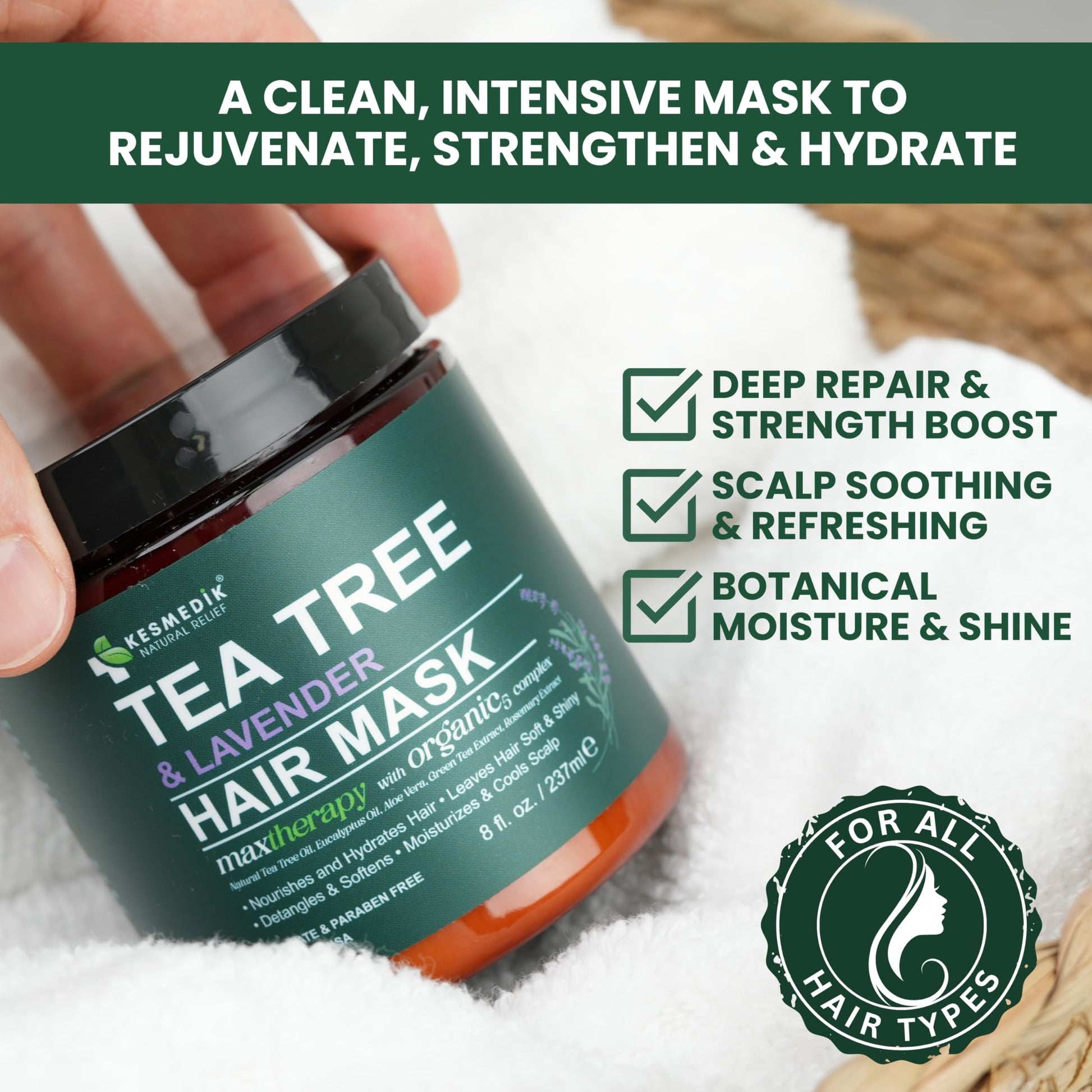 White Smoke KESMEDIK Tea Tree Hair Mask with Rosemary & Lavender, Deep Conditioning Treatment for Dry, Damaged, Coarse Hair, Hydrating Hair Mask with Itchy Scalp Relief, Men & Women, Sulfate-Free