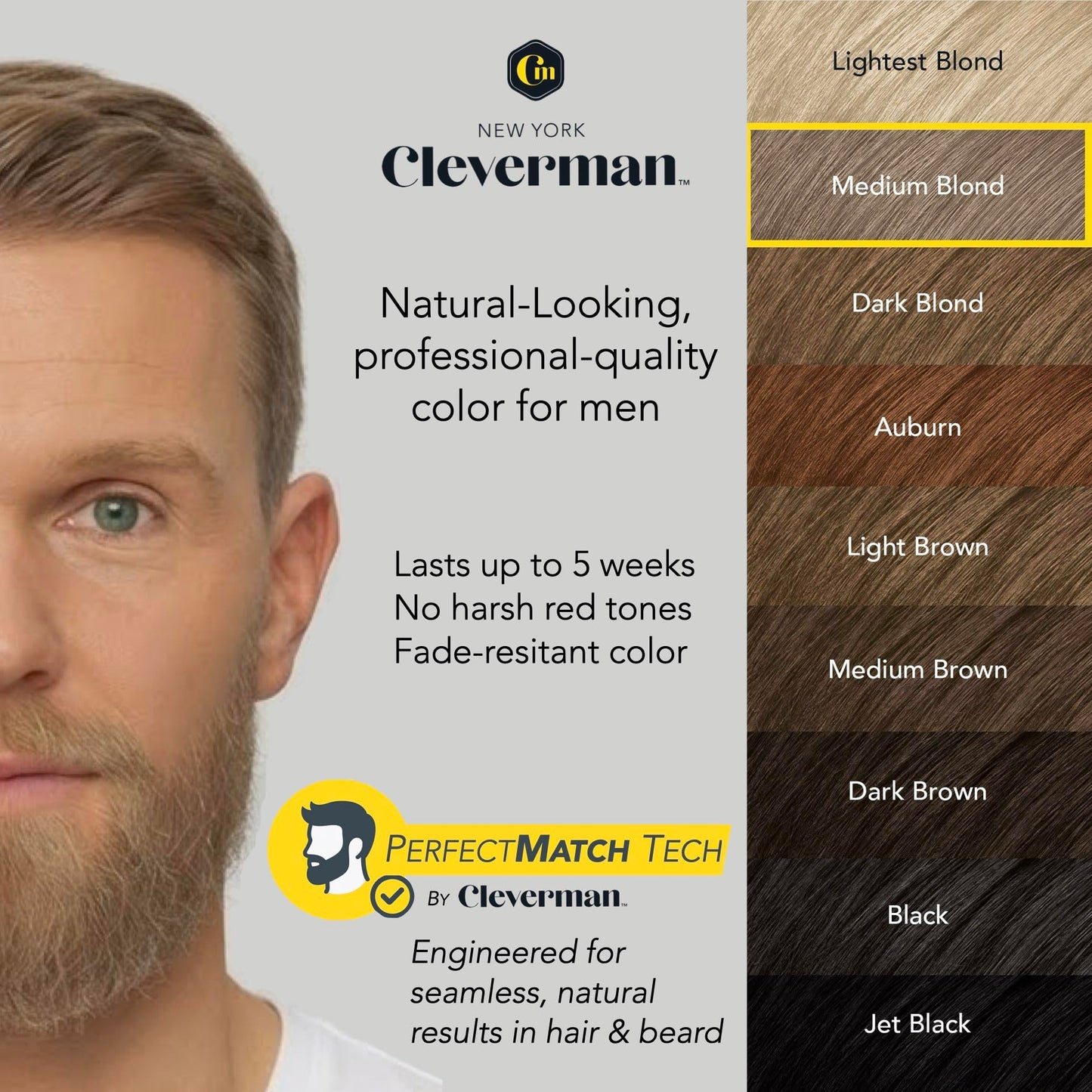 Light Gray Reusable Hair & Beard Dye for Men – Medium Blond 8.01 | Up to 5 Uses, 7 Minutes | Natural Gray Coverage, No-Drip Cream with SkinArmour® – Cleverman