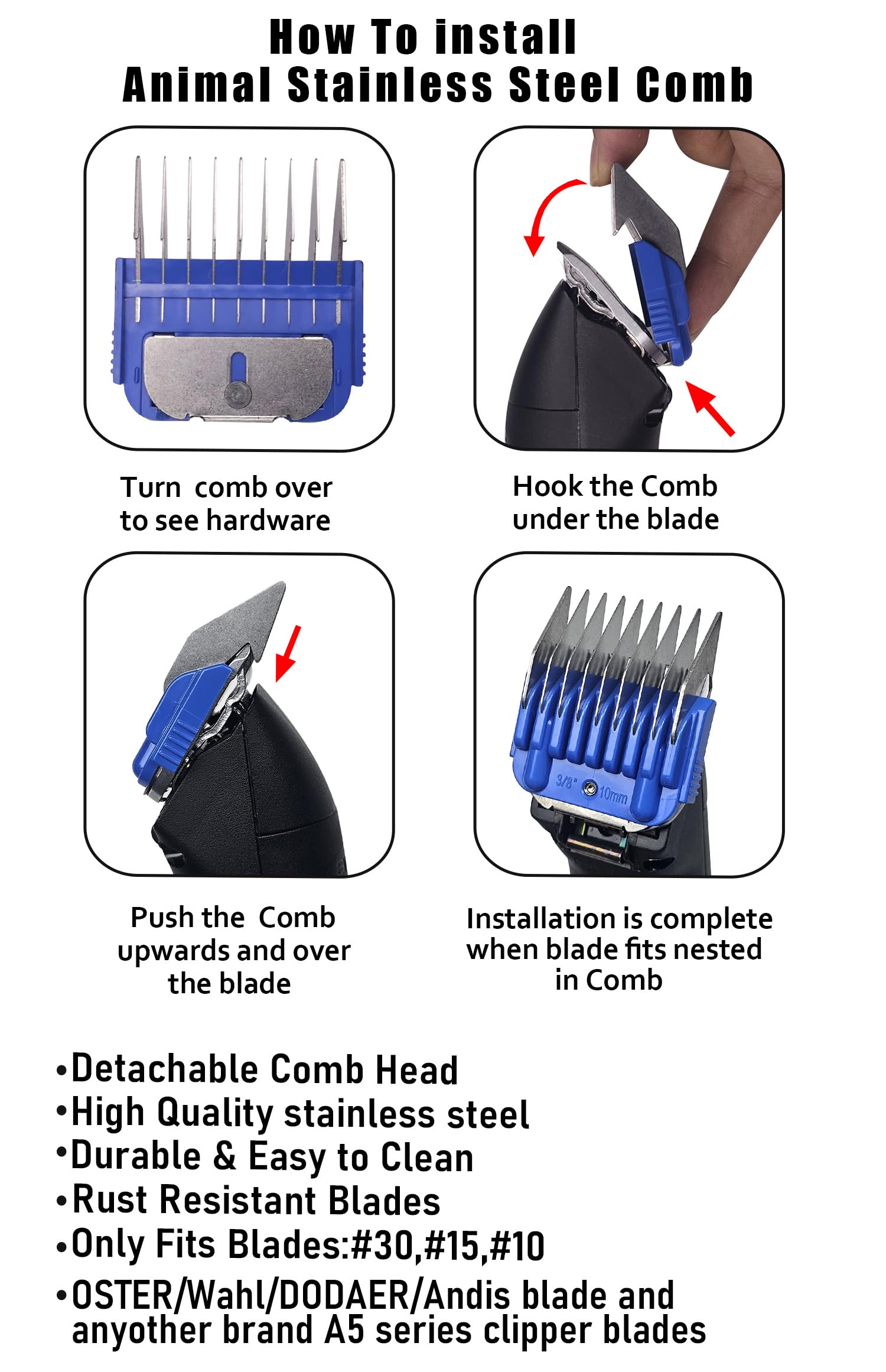 White Smoke Animal Stainless Steel Attachment 8 Colors Guide Comb Set from 1/8 Inch to 1 Inch(3-25mm),Compatible with Andis, Oster A5, Wahl KM10 Series Clipper Detachable Blade(Only fit for 15# 10# 30# blade)