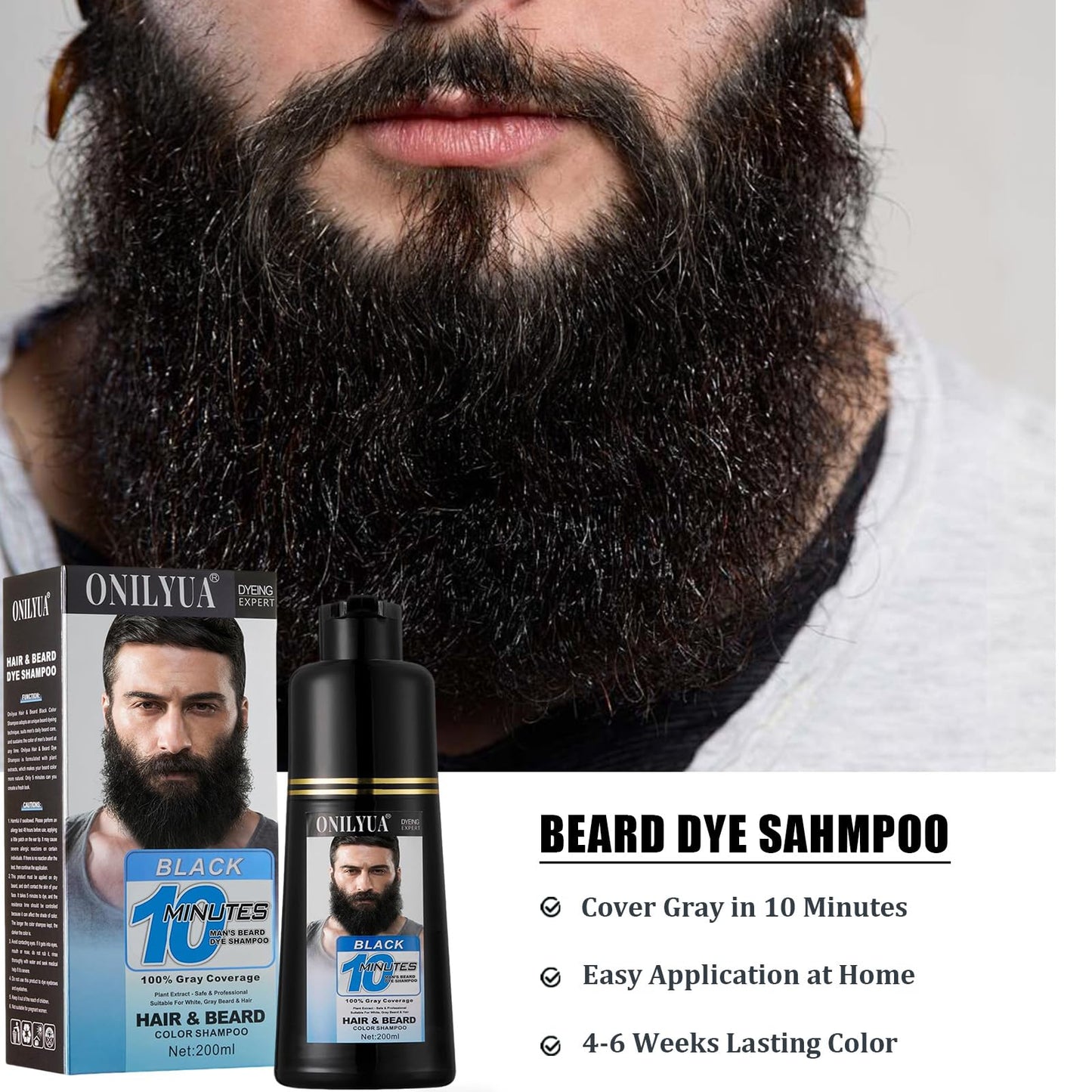 White Smoke Beard Dye For Men, 10-Minute Instant Gray Coverage, 3 in 1 Black Mens Beard & Mustache Dye Shampoo with 4-6 Weeks Lasting Color, Nourishing with Argan Oil & Noni Fruit, No-Mess Application 6.76 Fl Oz