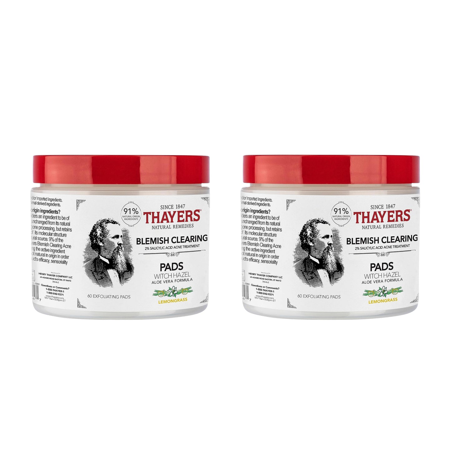 Lavender THAYERS Blemish Clearing Acne Pads, Salicylic Acid Acne Treatment for Face, Pore Reducing, Exfoliating, and Soothing Skincare, Witch Hazel Toner Pads, 60 Ct (2 Pack)
