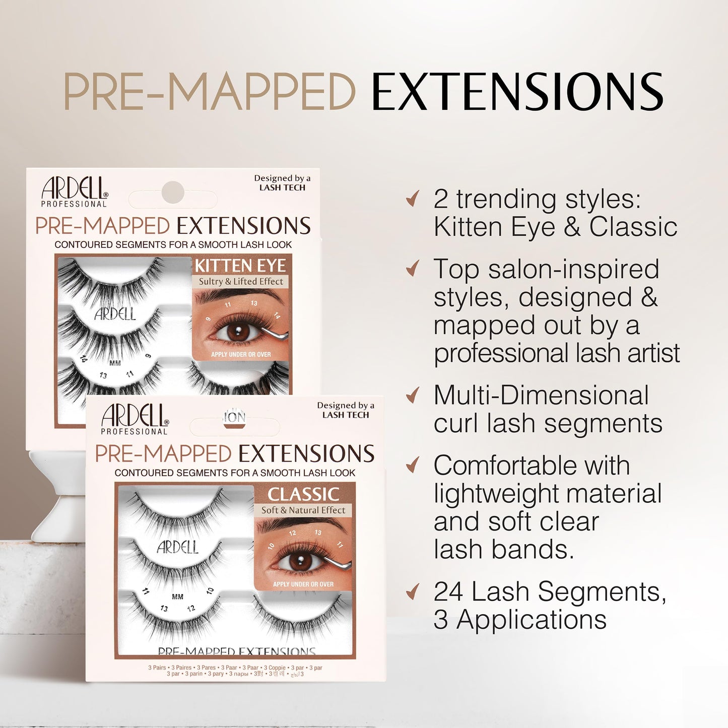 Lavender Ardell Pre-Mapped Eyelash Extensions Kit - False Lashes Cat Eye, Reusable Segmented Lash Strips, Long-Lasting with Lash Glue and Remover, 4-Pack