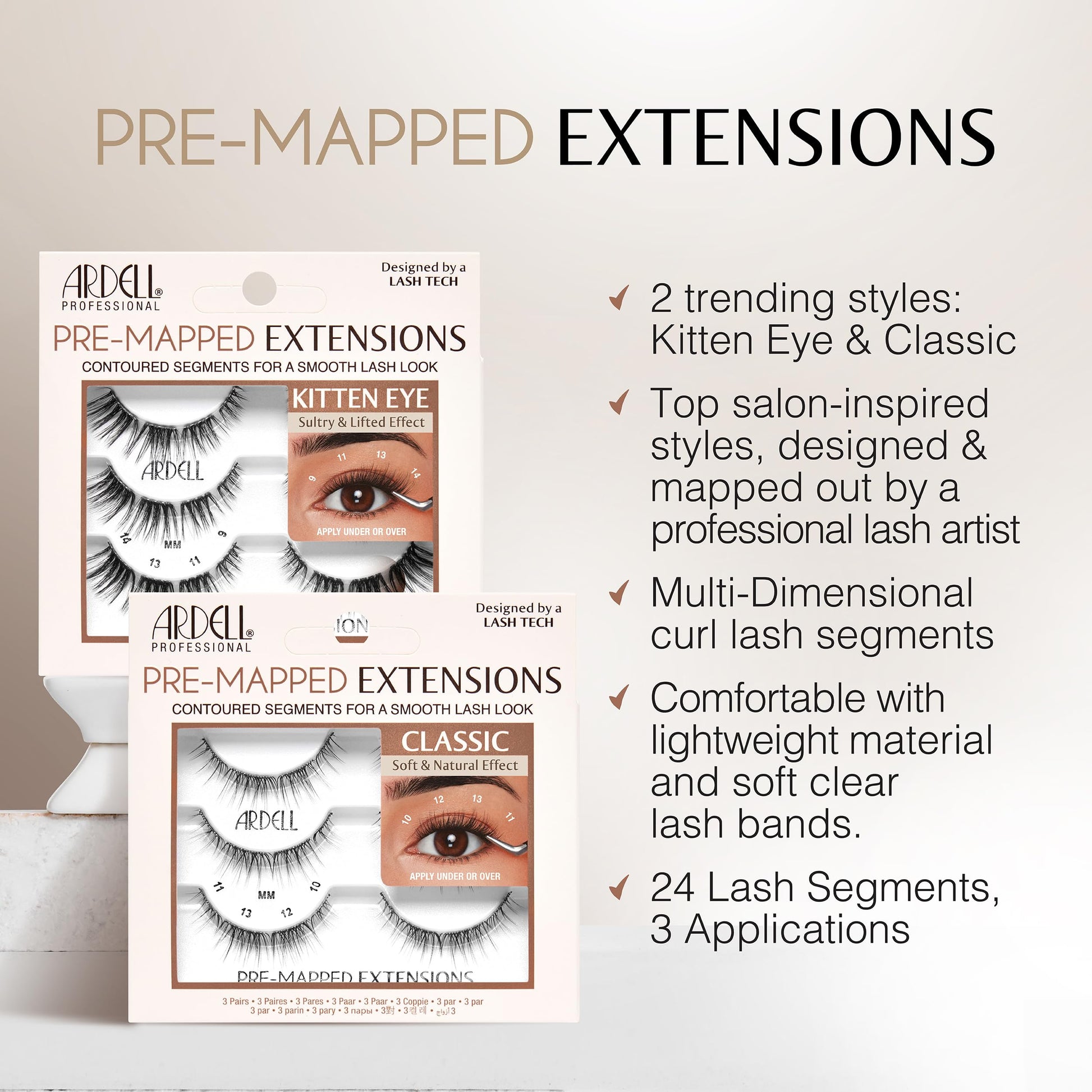 Lavender Ardell Pre-Mapped Eyelash Extensions Kit - False Lashes Cat Eye, Reusable Segmented Lash Strips, Long-Lasting with Lash Glue and Remover, 4-Pack