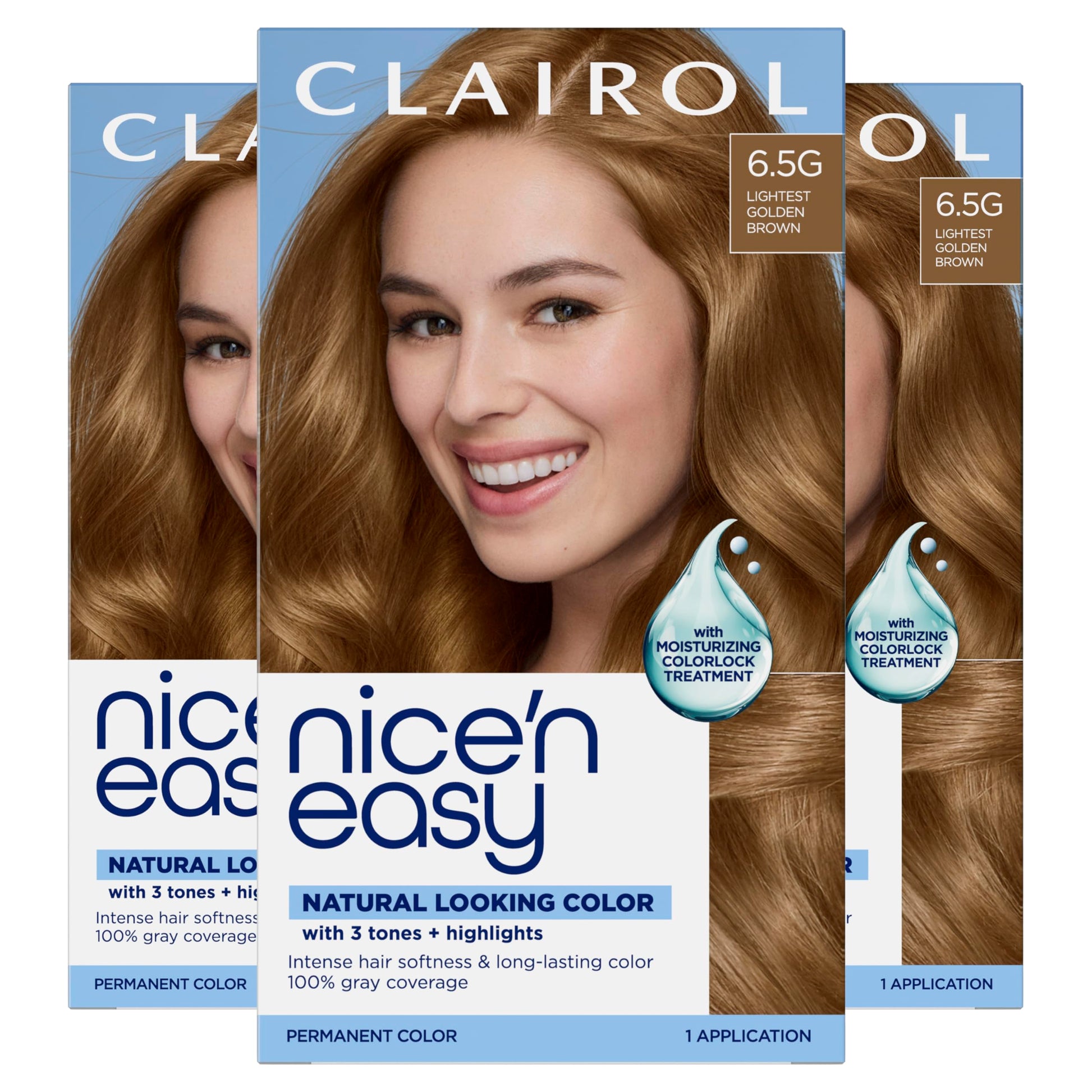 White Smoke Clairol Nice'n Easy Permanent Hair Dye, 6.5G Lightest Golden Brown Hair Color, Pack of 3 - Packaging May Vary
