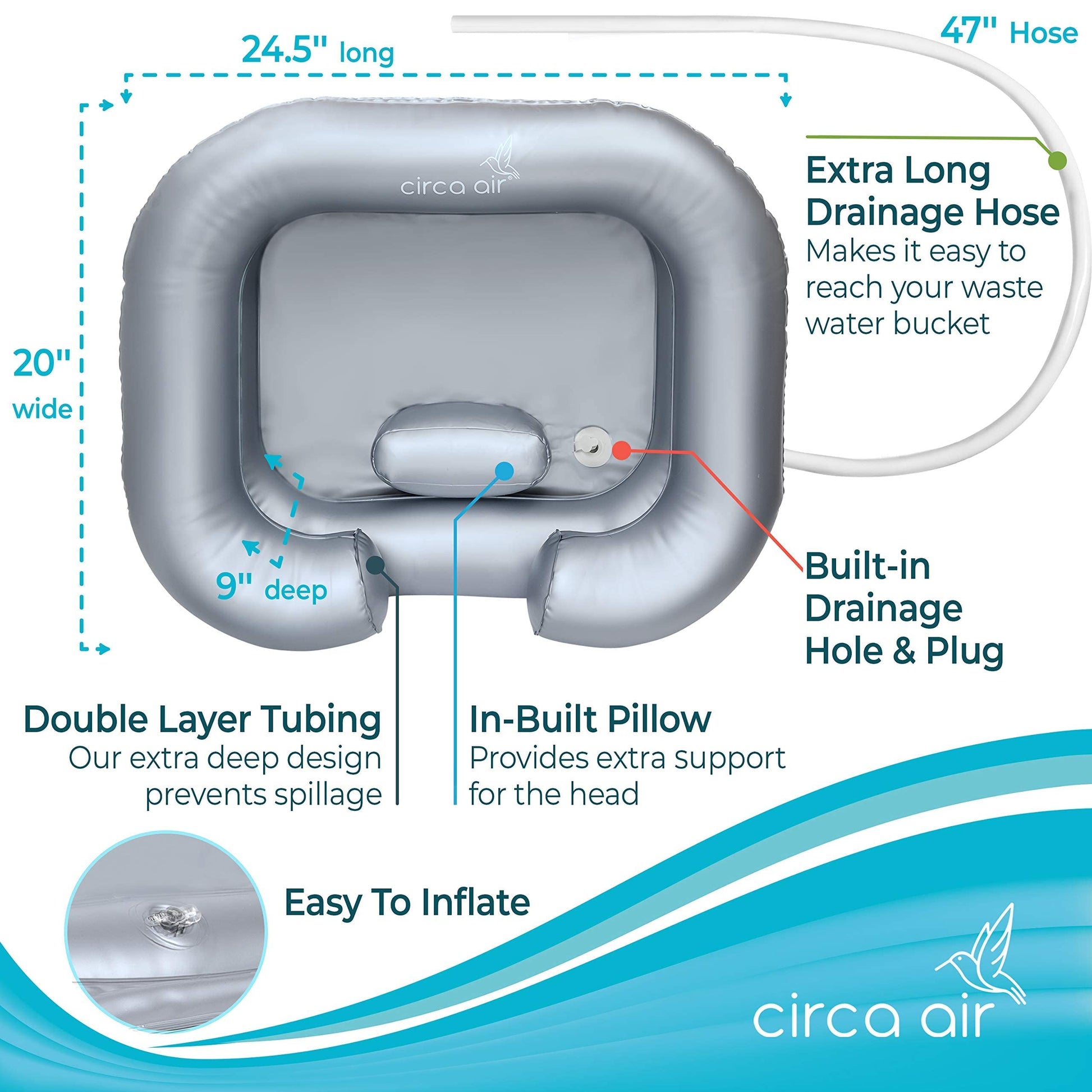 White Smoke Circa Air Inflatable Hair Washing Basin For Bedridden - Wash Hair In Bed With Shampoo Basin. Portable Shampoo Bowl With Pillow For Extra Comfort. The Perfect Inflatable Sink For Locs Detox