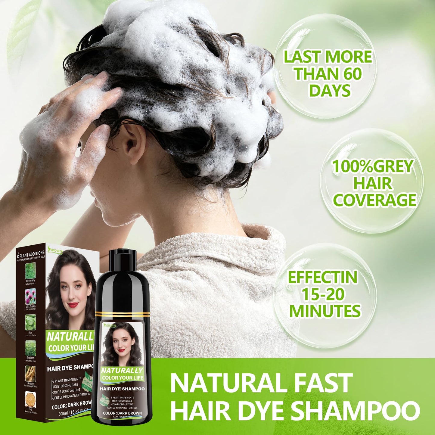 Lavender RKQNIER Dark Brown Hair Dye Shampoo for Women & Men, 15 Min Gray Coverage, 3 in 1 Semi-Permanent Color with Natural Herbal Ingredients, Lasts 60 Days