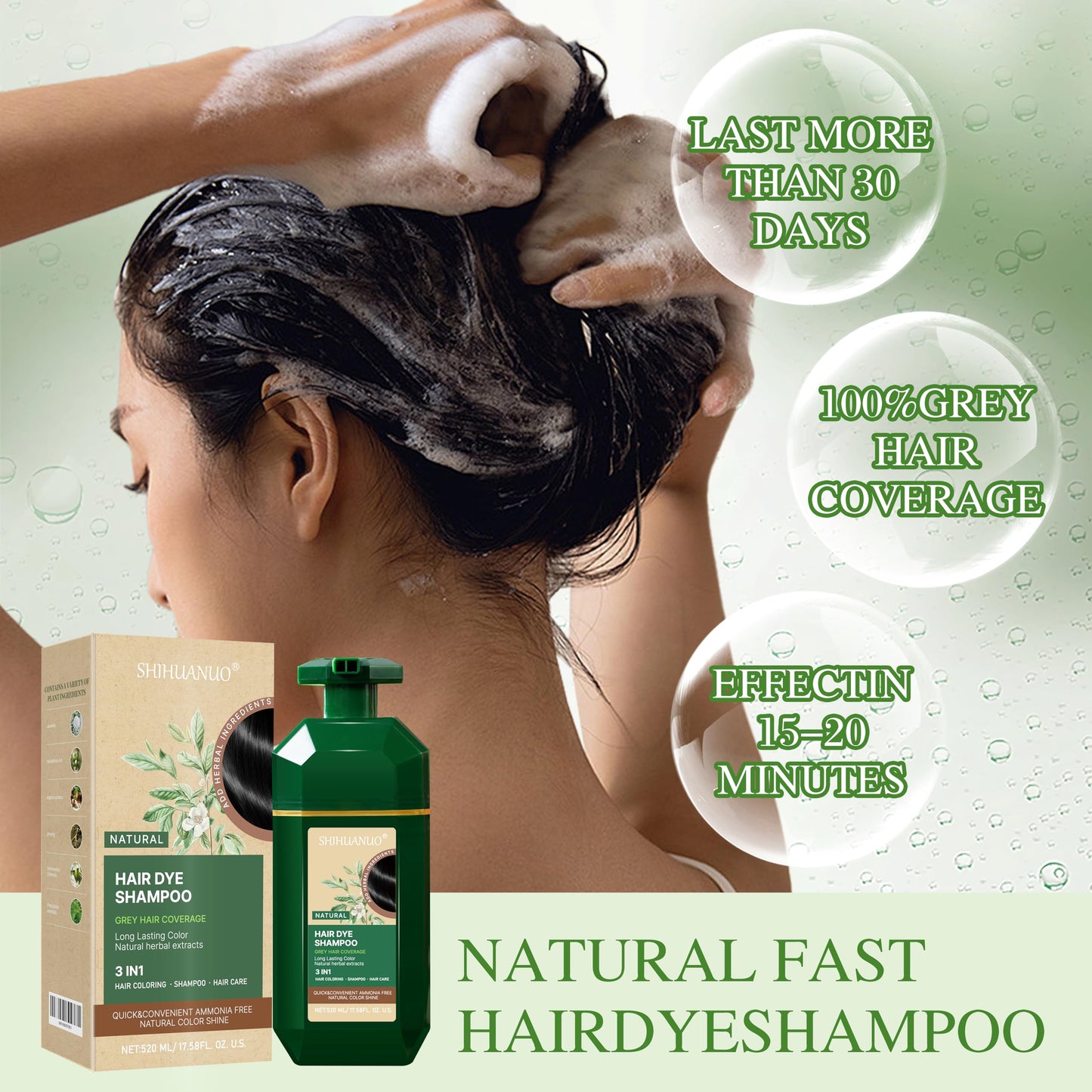Lavender SHIHUANUO Black Hair Dye Shampoo 3 in 1 for Gray Hair Coverage, Herbal Ingredients Natural Shampoo Black Hair Dye for Women & Men/Ammonia-Free 520ml