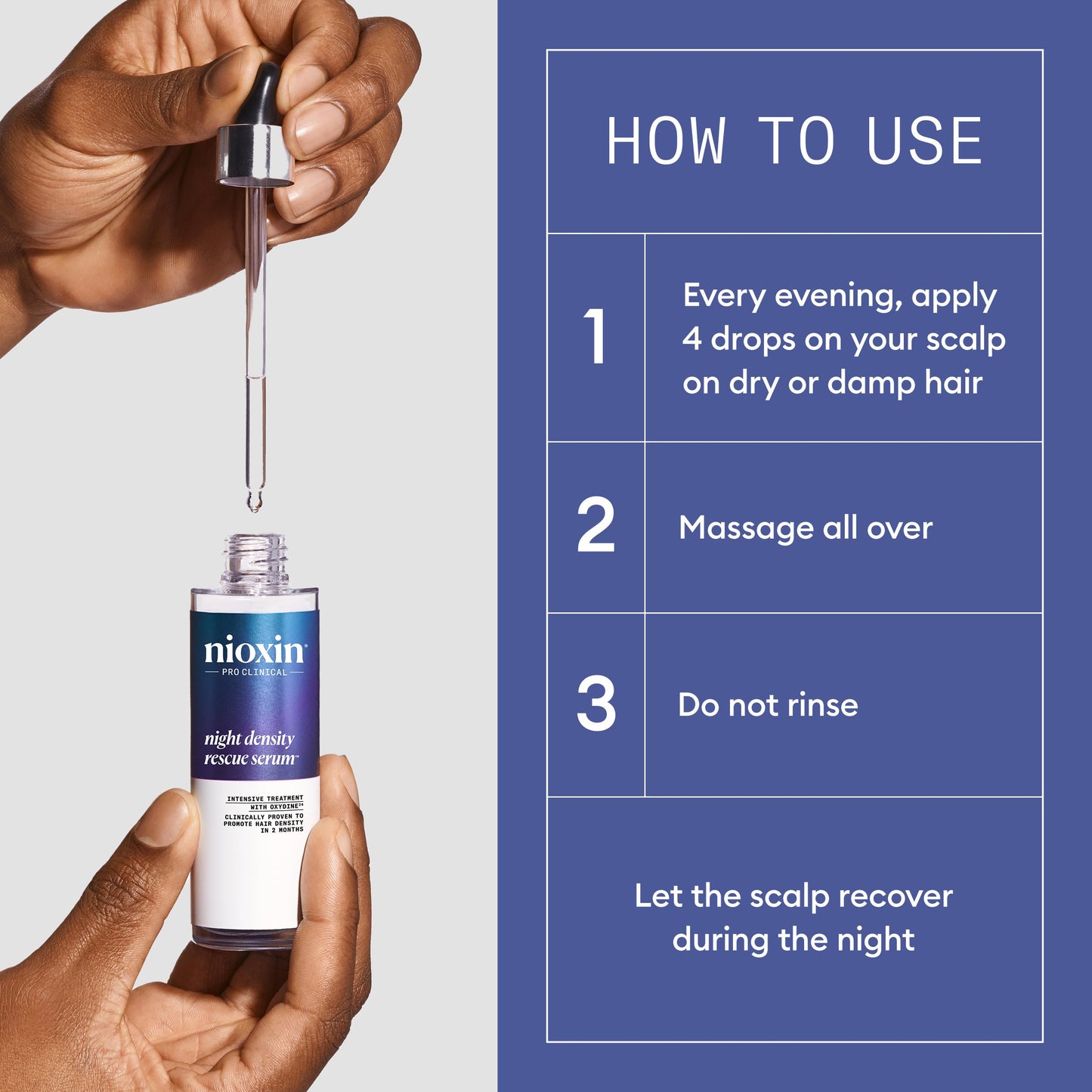 Dark Slate Blue Nioxin Night Density Rescue Serum | Overnight Hair Thickening Serum | Protects Against Hair Breakage | Intensive Treatment with Oxydine | 2.4 Fl oz.