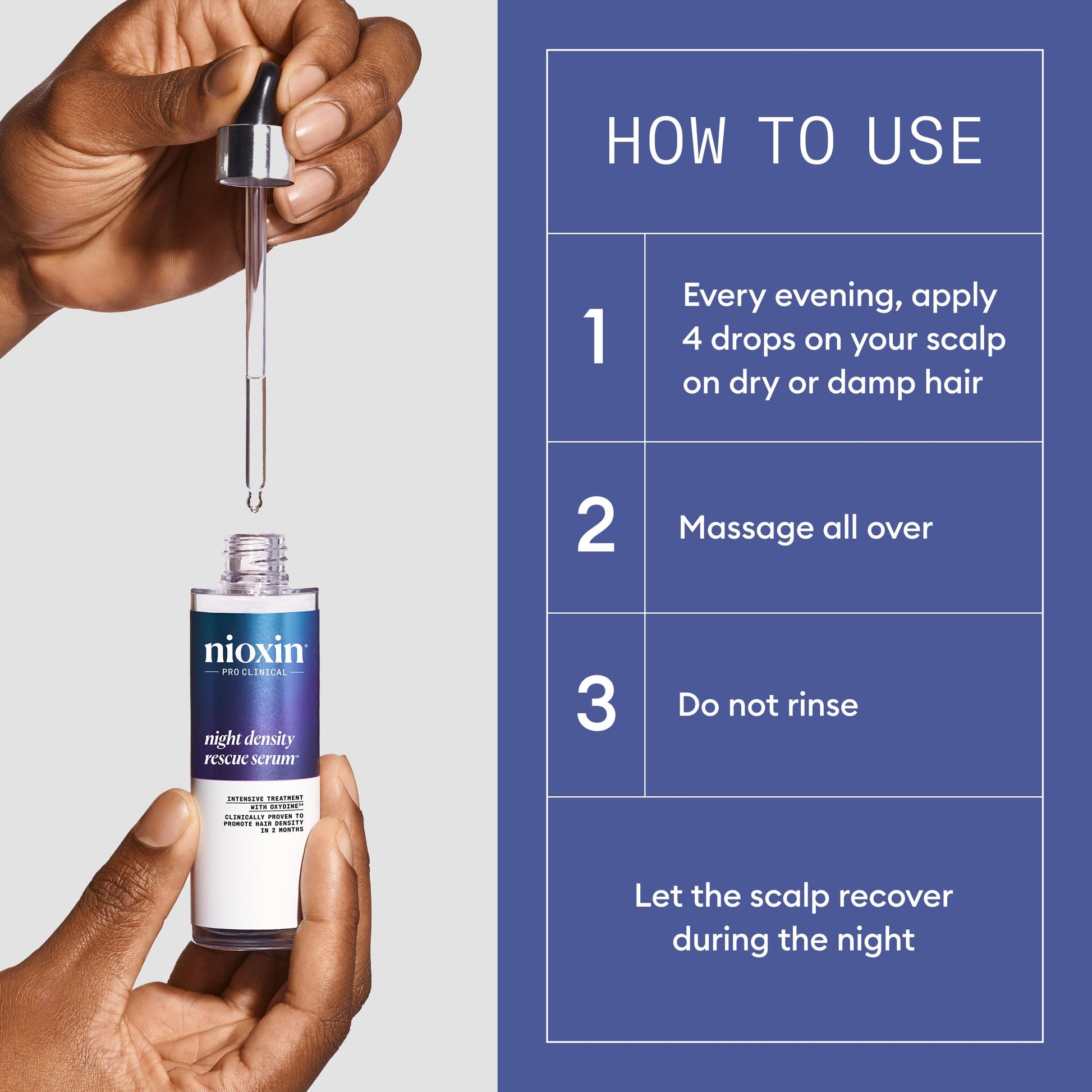 Dark Slate Blue Nioxin Night Density Rescue Serum | Overnight Hair Thickening Serum | Protects Against Hair Breakage | Intensive Treatment with Oxydine | 2.4 Fl oz.