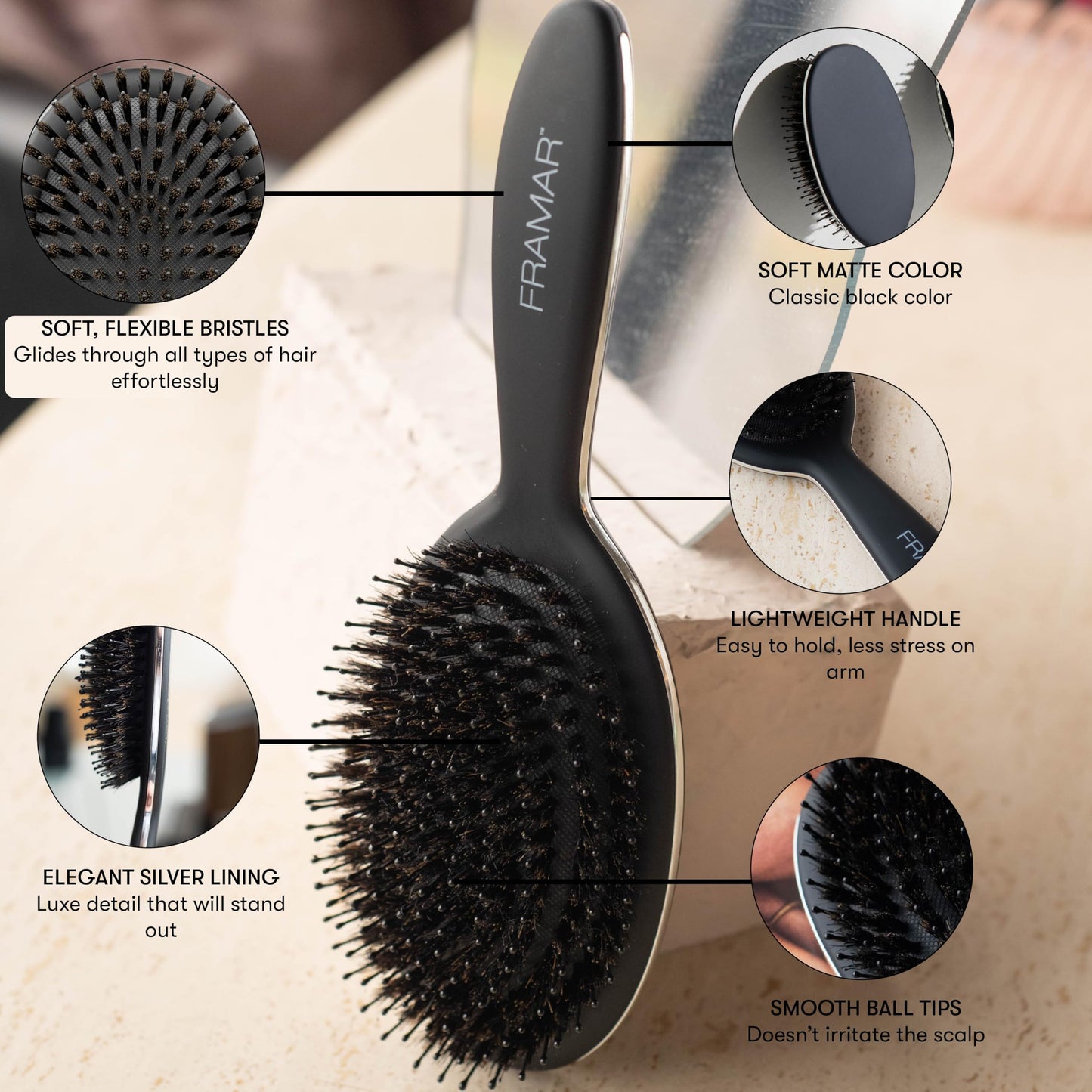 Antique White FRAMAR Soft Boar Bristle Hair Brush For Women – Boars Hair Brush For Women, Boar Brush For Fine Hair, Hairbrush For Fine Hair, Soft Bristle Brush For Slick Back, Volume and Shine - Black
