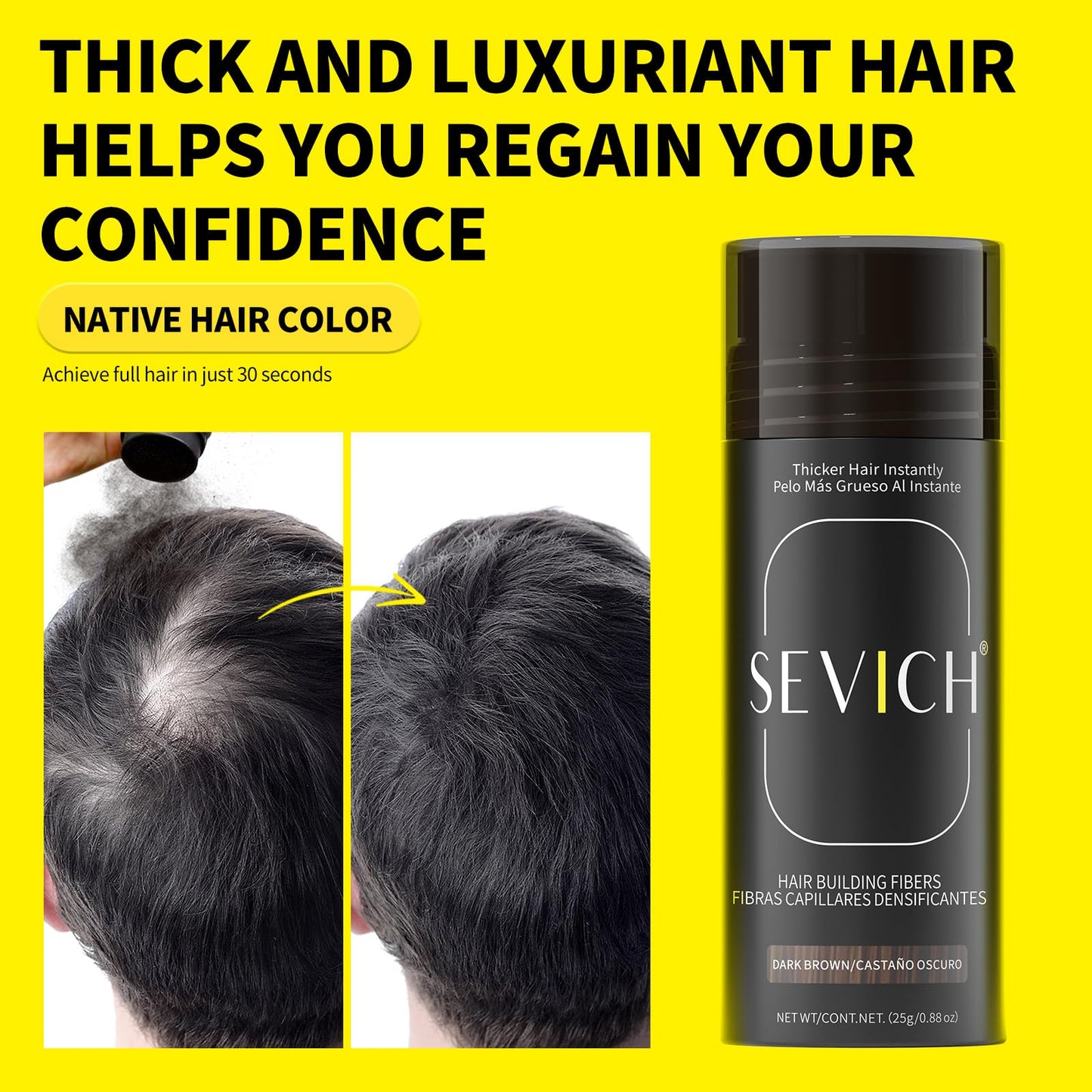 Dark Slate Gray SEVICH Hair Fibers with Spray Applicator - Natural-Looking Hair Thickening Fibers for Men & Women, Instant Fullness, Wind & Water Resistant, Easy Wash Out, 25g (Dark Brown)