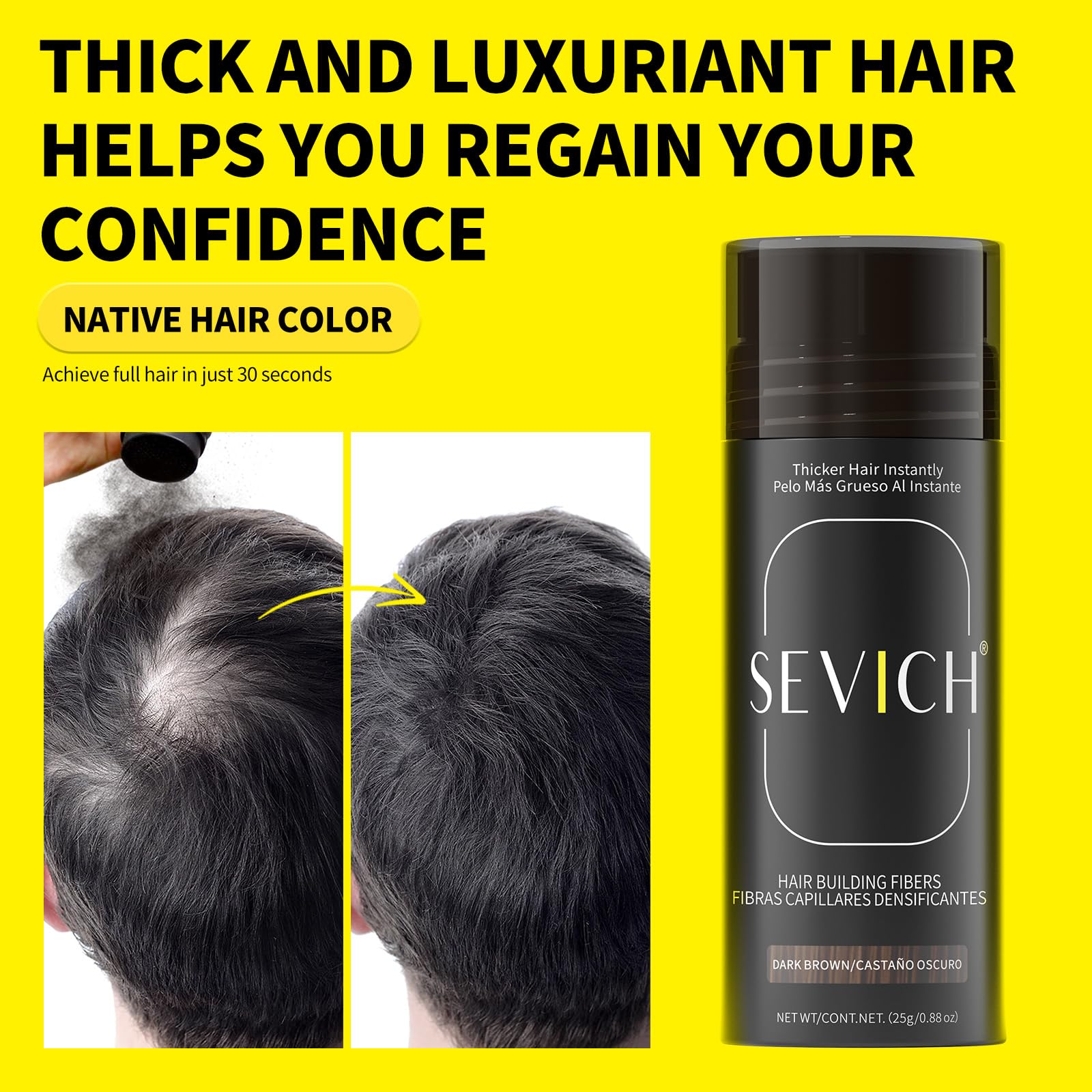 Dark Slate Gray SEVICH Hair Fibers with Spray Applicator - Natural-Looking Hair Thickening Fibers for Men & Women, Instant Fullness, Wind & Water Resistant, Easy Wash Out, 25g (Dark Brown)