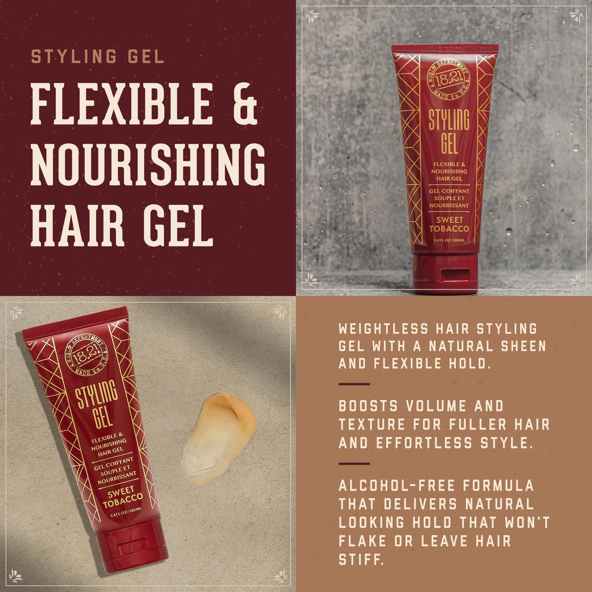 Sienna 18.21 Man Made Hair Styling Gel for Men, Weightless All-Day Flexible Hold, 3oz. Original Sweet Tobacco Scent