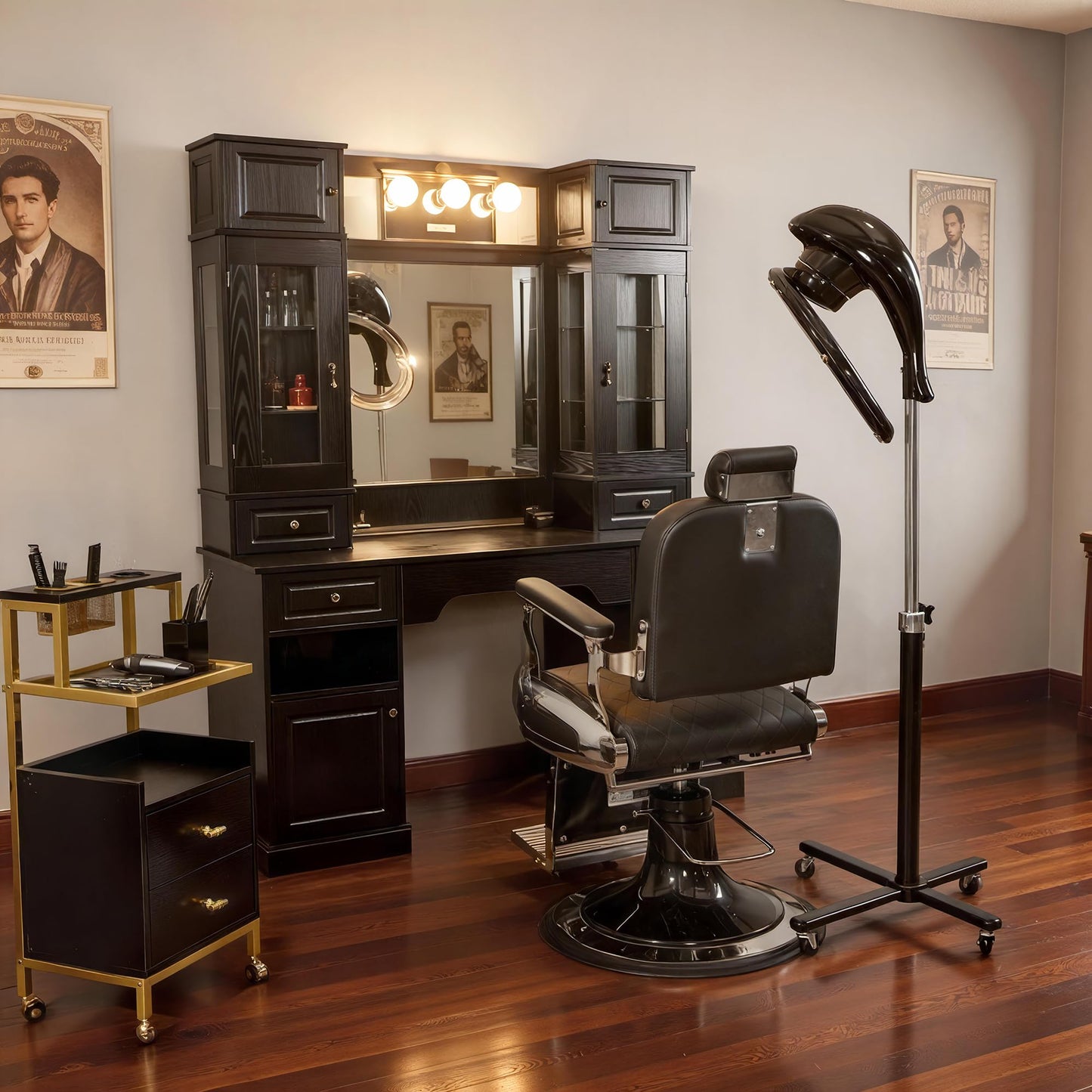 Black BarberPub Orbiting Hair Dryer Processor with Adjustable Height & Smart Control Panel, 1100W Salon Hair Care Stand Station with Rolling Base for Hairstylist HDP01 (Black)