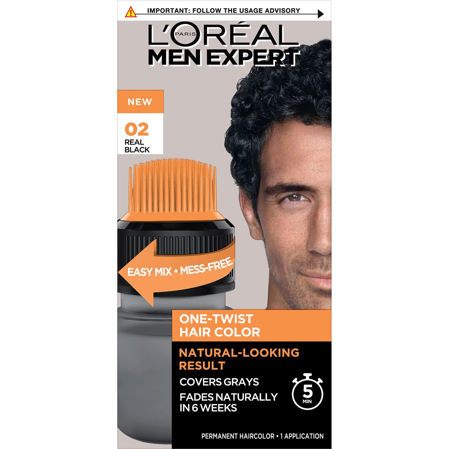 Black L’Oreal Paris Men Expert One Twist Mess Free Permanent Hair Color, Mens Hair Dye to Cover Grays, Easy Mix Ammonia Free Application, Real Black 02, 1 Application Kit
