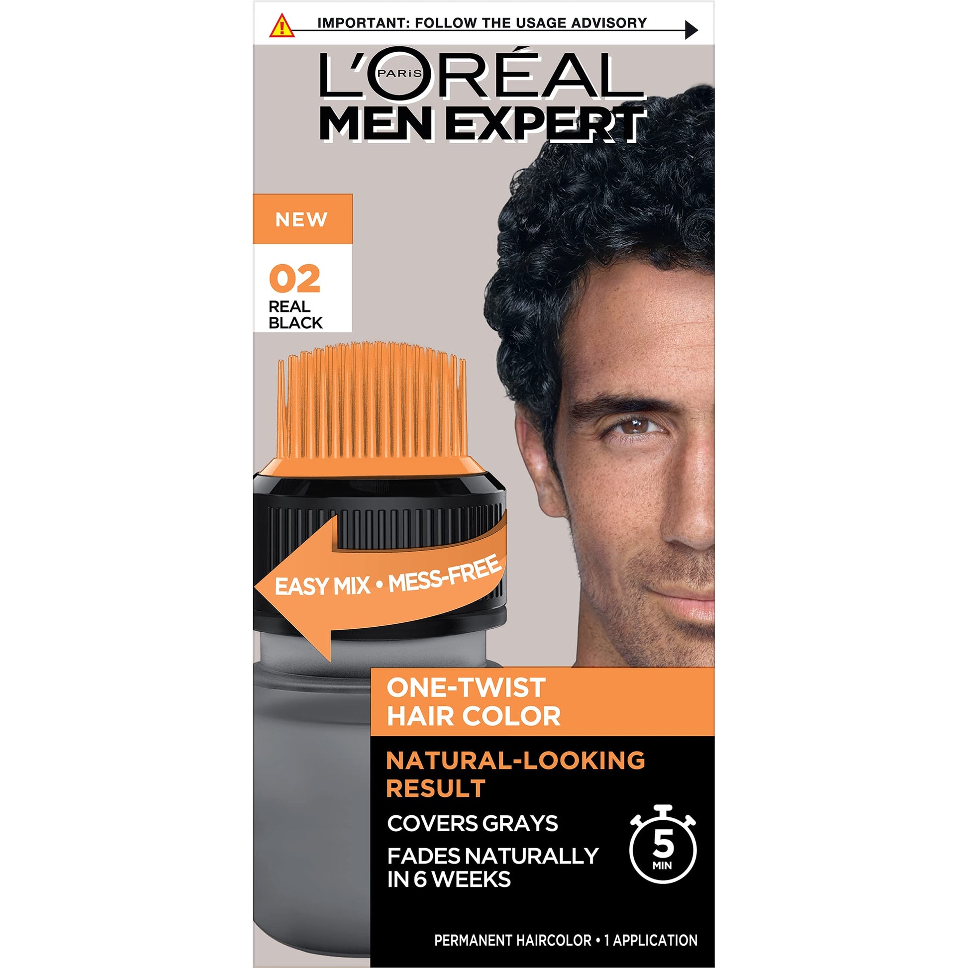 Black L’Oreal Paris Men Expert One Twist Mess Free Permanent Hair Color, Mens Hair Dye to Cover Grays, Easy Mix Ammonia Free Application, Real Black 02, 1 Application Kit