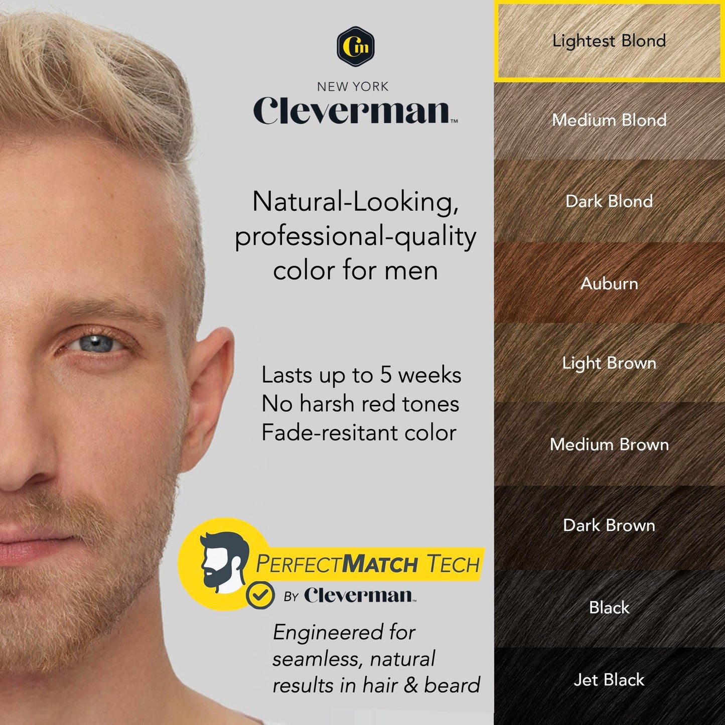 Light Gray Reusable Hair & Beard Dye for Men – Lightest Blond | Up to 5 Uses, 7 Minutes | Natural Gray Coverage, No-Drip Cream with SkinArmour® – Cleverman