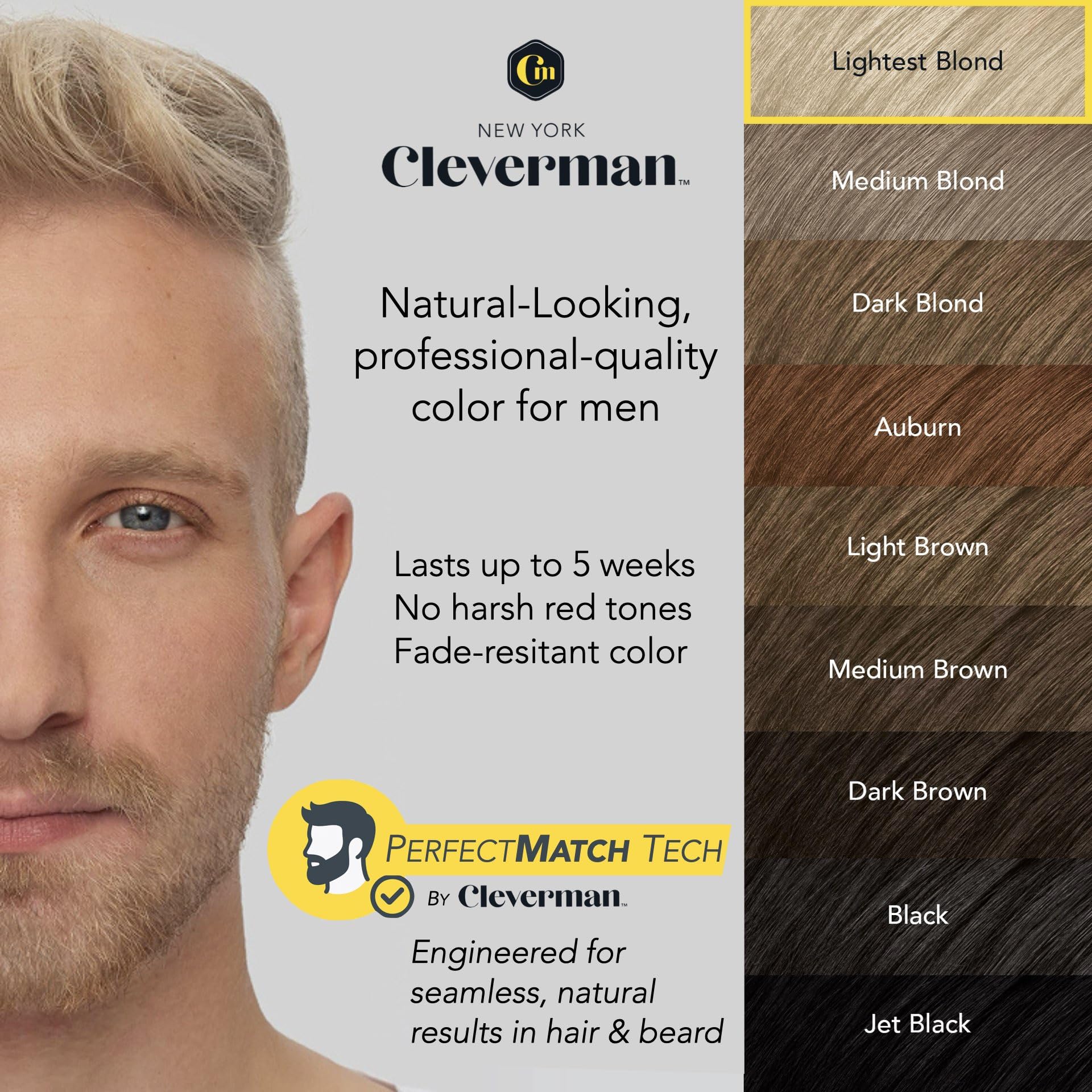 Light Gray Reusable Hair & Beard Dye for Men – Lightest Blond | Up to 5 Uses, 7 Minutes | Natural Gray Coverage, No-Drip Cream with SkinArmour® – Cleverman
