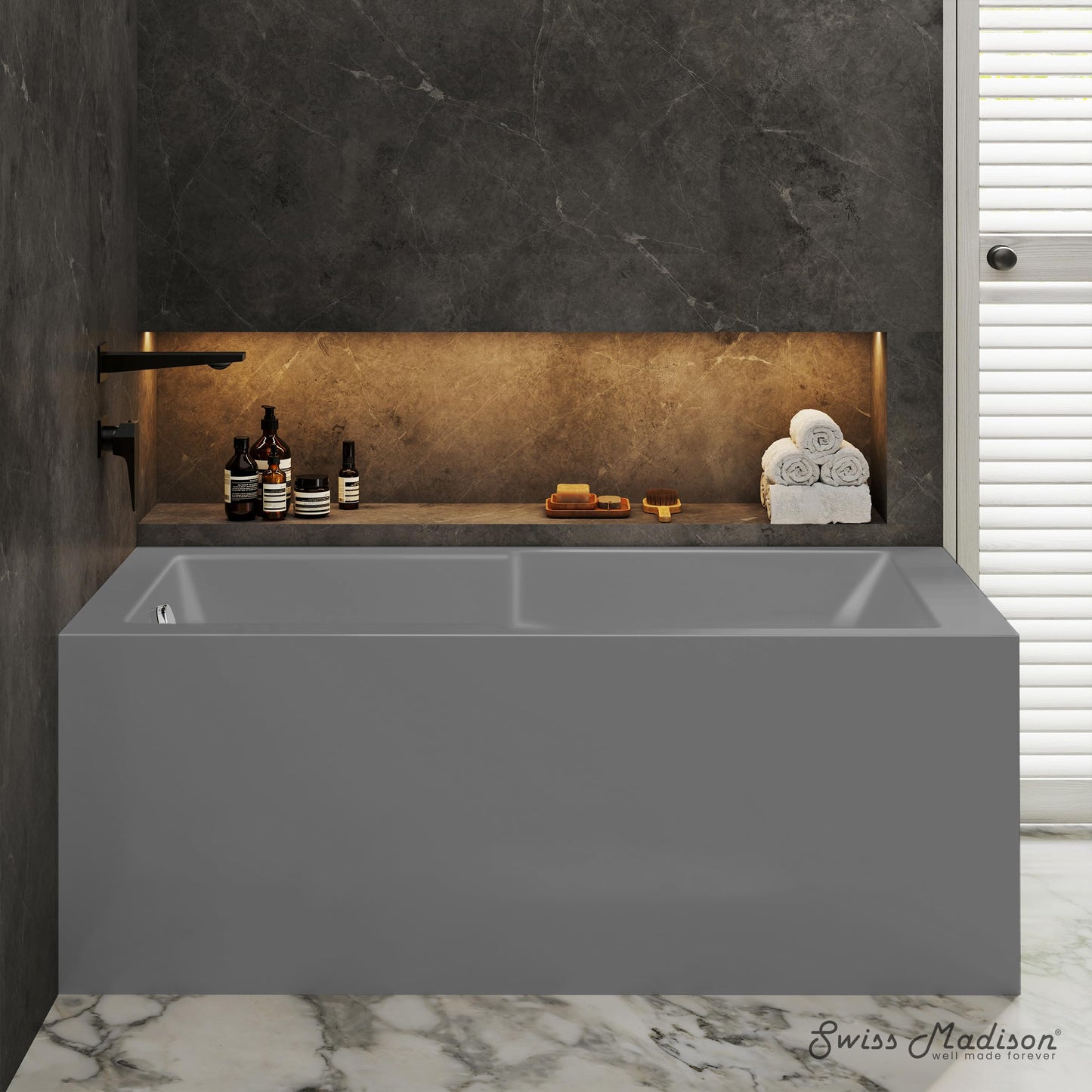 Dim Gray Swiss Madison Voltaire 60 x 32 Left Drain Soaking Alcove Corner Apron Bathtub in Matte Gray