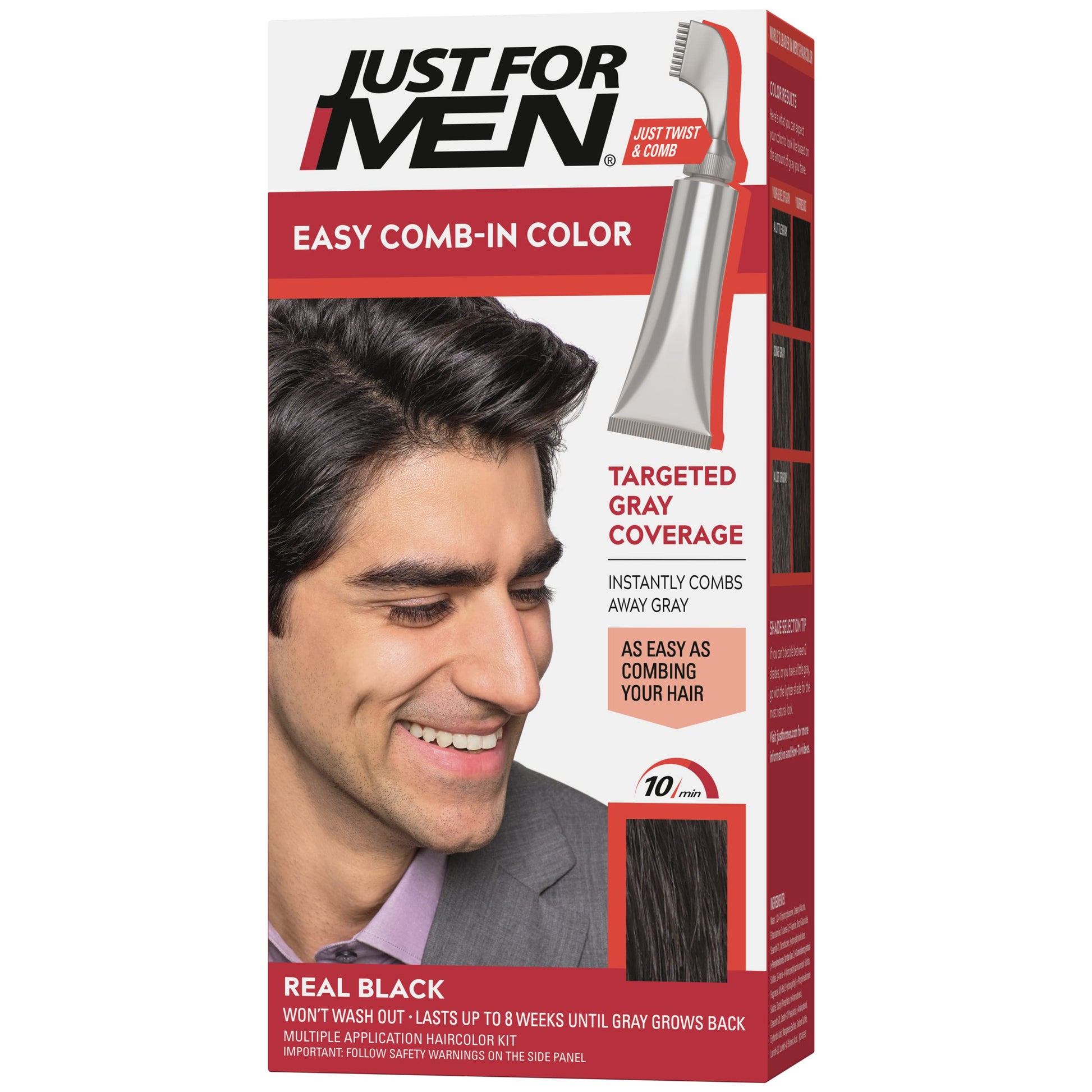 White Smoke Just For Men Easy Comb-In Color Mens Hair Dye, Easy No Mix Application with Comb Applicator - Real Black, A-55, Pack of 1