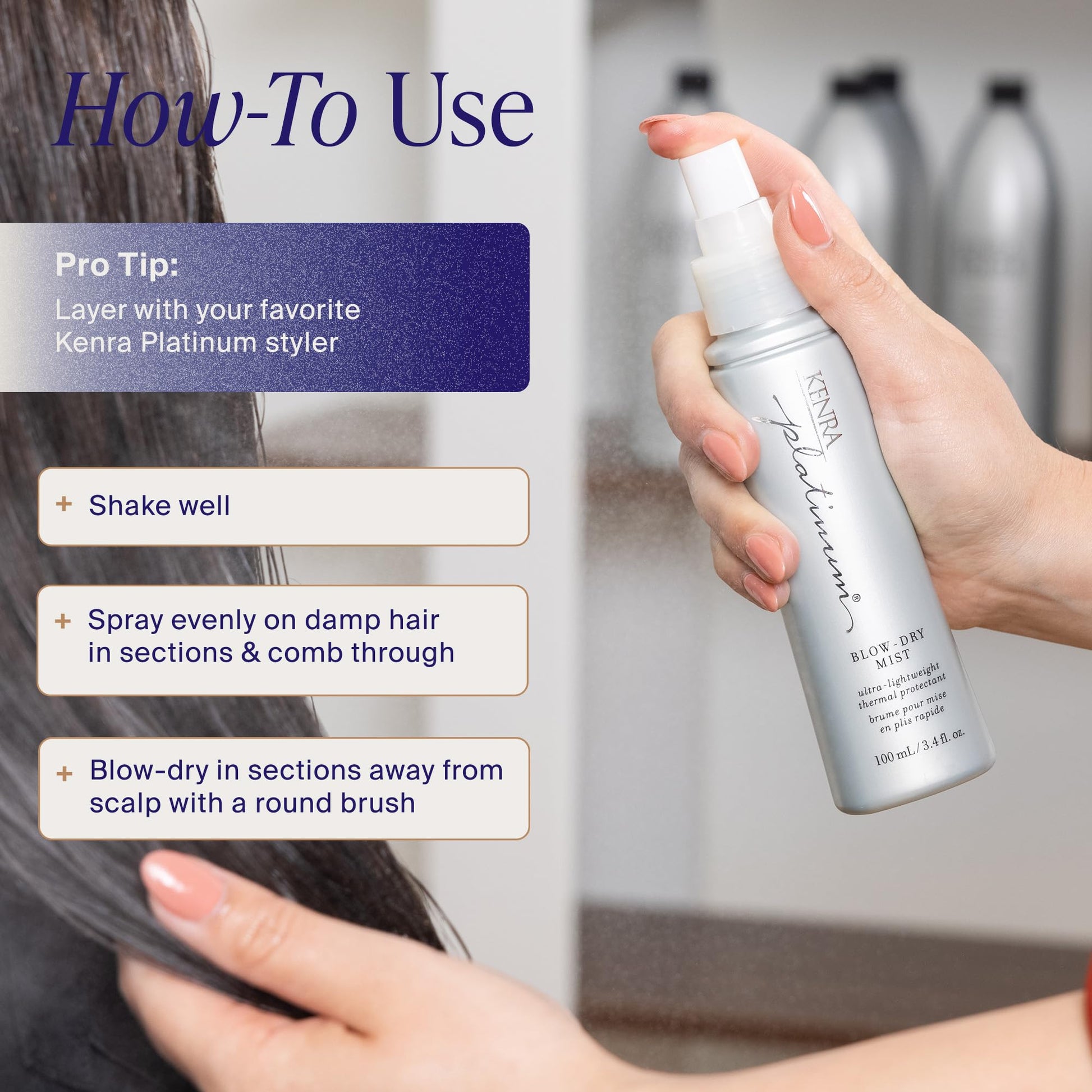 Gray Kenra Platinum Blow-Dry Mist | Ultra-Lightweight Thermal Protectant | Detangles, Smooths, & Softens | Eliminates Frizz & Resists Humidity | Fine To Medium Hair | 3.4 fl. oz