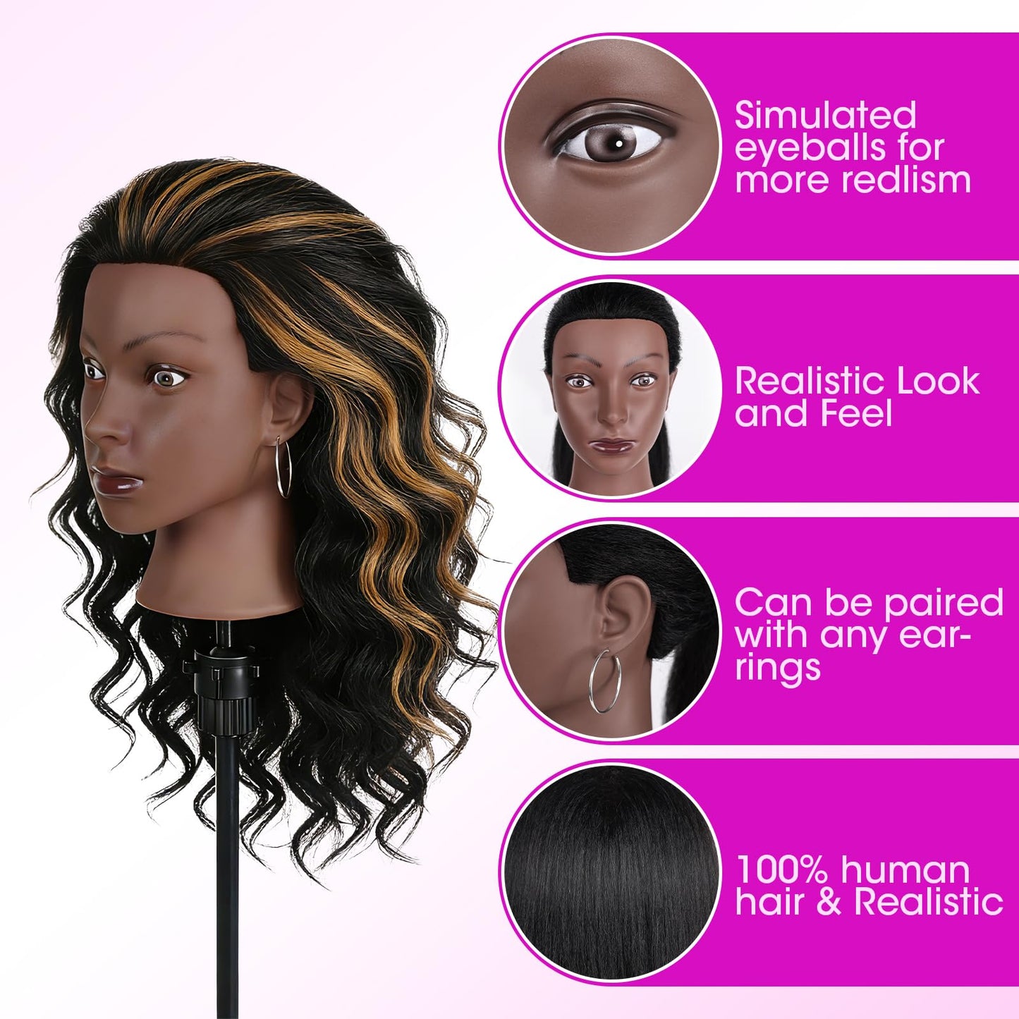 White Smoke 100% Real Hair Mannequin Head,22''Human Hair Mannequin Cosmetology Manikin Doll Head Hair Styling Hairdressing Practice Training Head with Clamp Holder and Tools（Black）