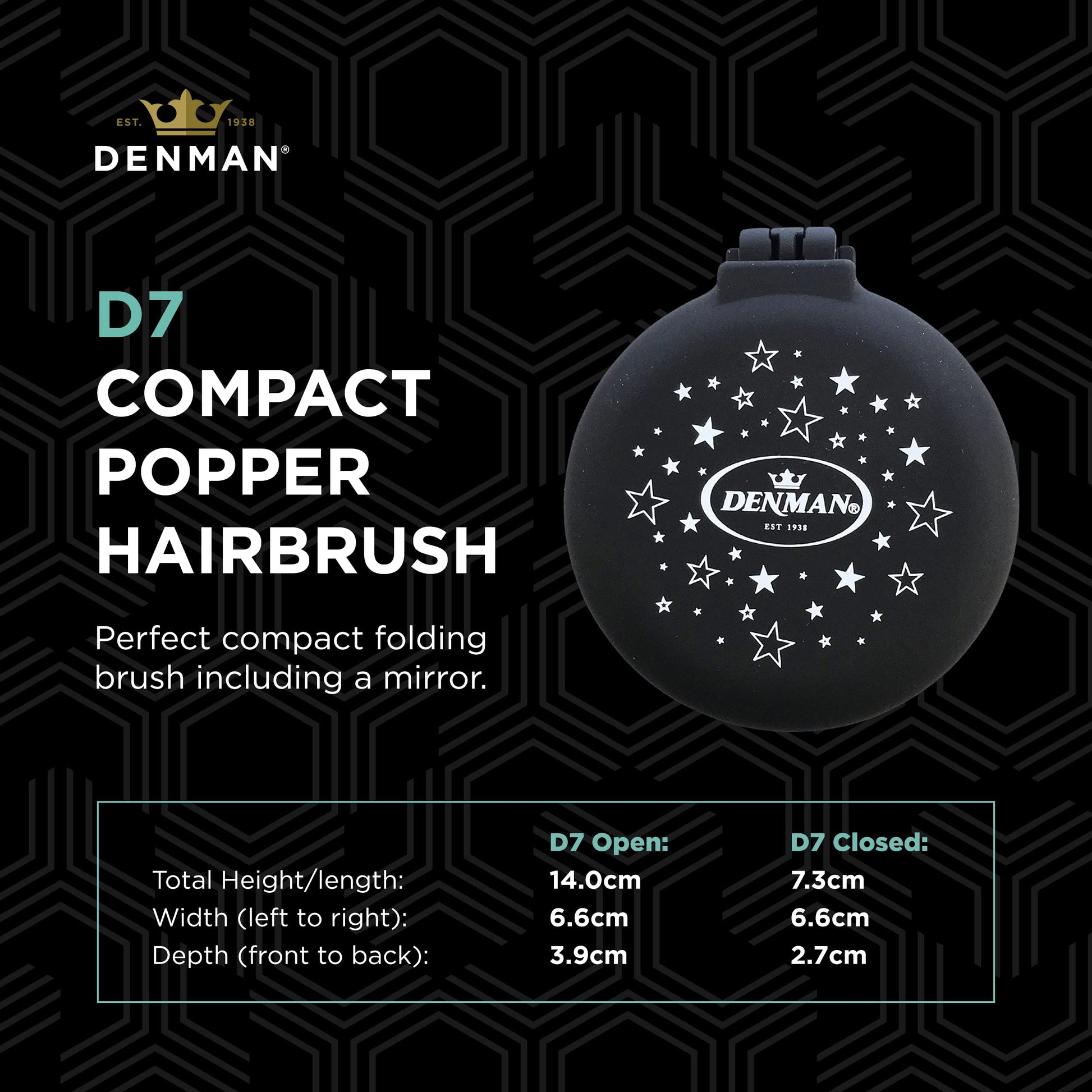Black Denman D7 Compact Popper Hairbrush, D007EBSR