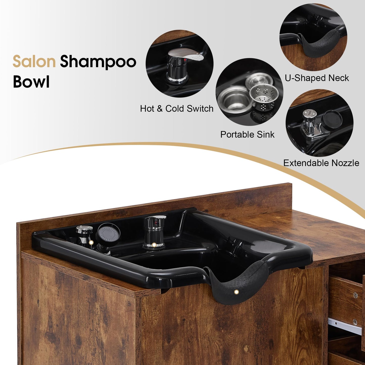 White Smoke BarberPub Shampoo Cabinet with Sink, Modern Salon Backwash Station with Bowl, Neck Rest, 2 Drawers, Storage Shelf,Hot & Cold Control 7135 (Rustic Brown)