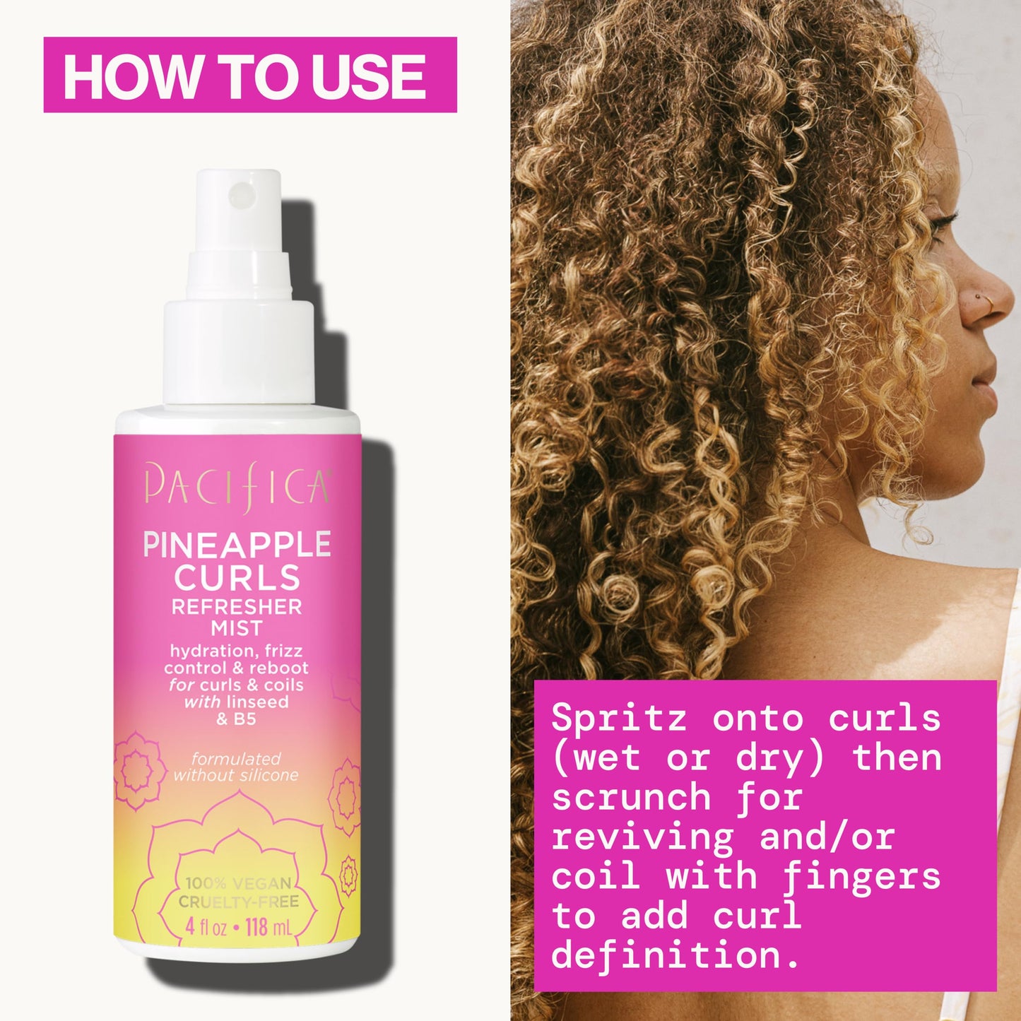 White Smoke Pacifica Pineapple Curls Refresher Mist | Second Day Hair Revitalizing Spray | Frizz Control Detangler & Hydrating Leave In | Defines Wavy & Curly Texture | Silicone Free Vegan | 4 Fl Oz