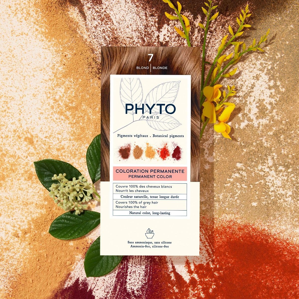 Seashell PHYTO Phytocolor Permanent Hair Color, 7 Blonde, with Botanical Pigments, 100% Grey Hair Coverage, Ammonia-free, PPD-free, Resorcin-free, 0.42 oz.