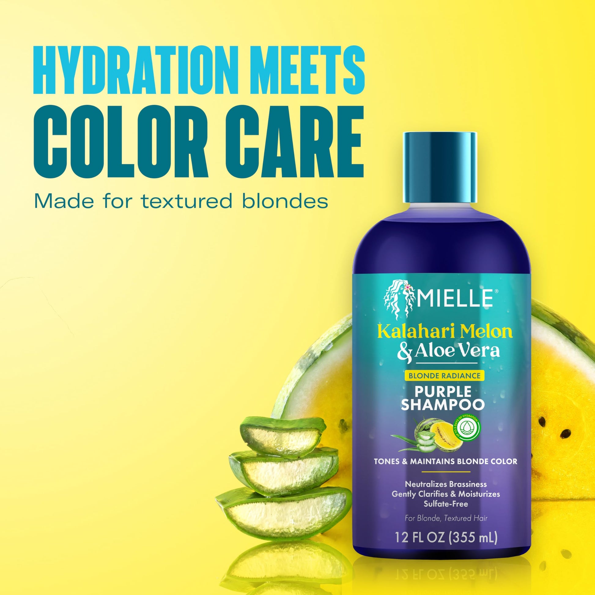 Khaki Mielle Kalahari Melon & Aloe Vera Purple Shampoo, Blonde Radiance Toning Shampoo for Brassy Hair, Sulfate-Free Moisturizing Cleanser for Blonde & Textured Hair, 12 Ounce