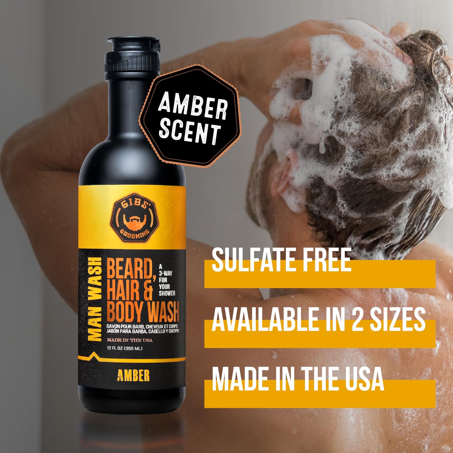 Dim Gray GIBS Grooming - Amber Man Wash (12 fl oz) 3-in-1 Beard, Hair, Body Soap - Citrus, Oak, Basil Scent - Sulfate Free - Tea Tree Oil, Hemp Oil, Protein - Mens Body Wash & Mens Shampoo - Made in USA
