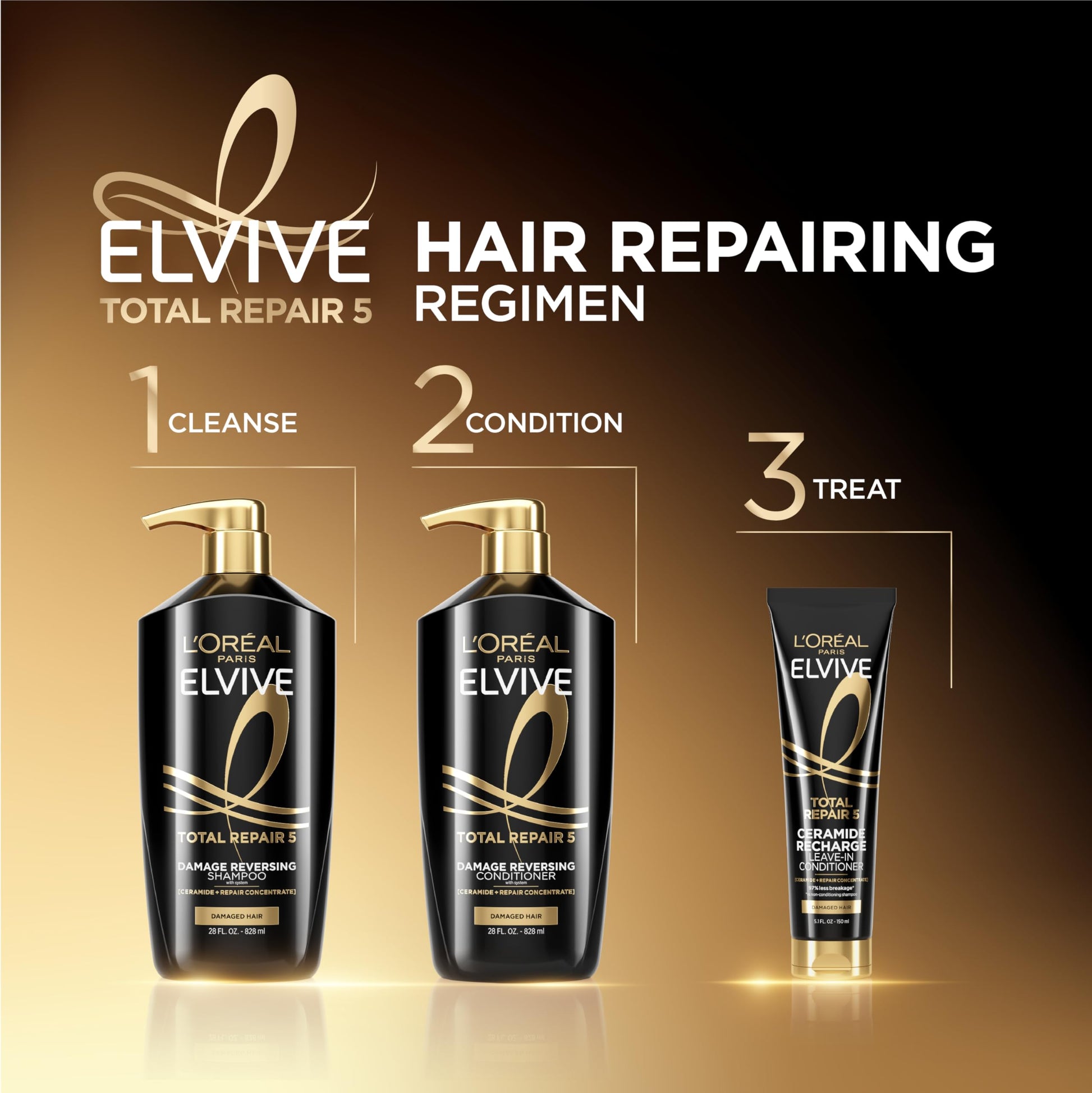 Black L'Oreal Paris Elvive Total Repair 5 Repairing Shampoo and Conditioner for Damaged Hair, 28 Ounce (Set of 2)