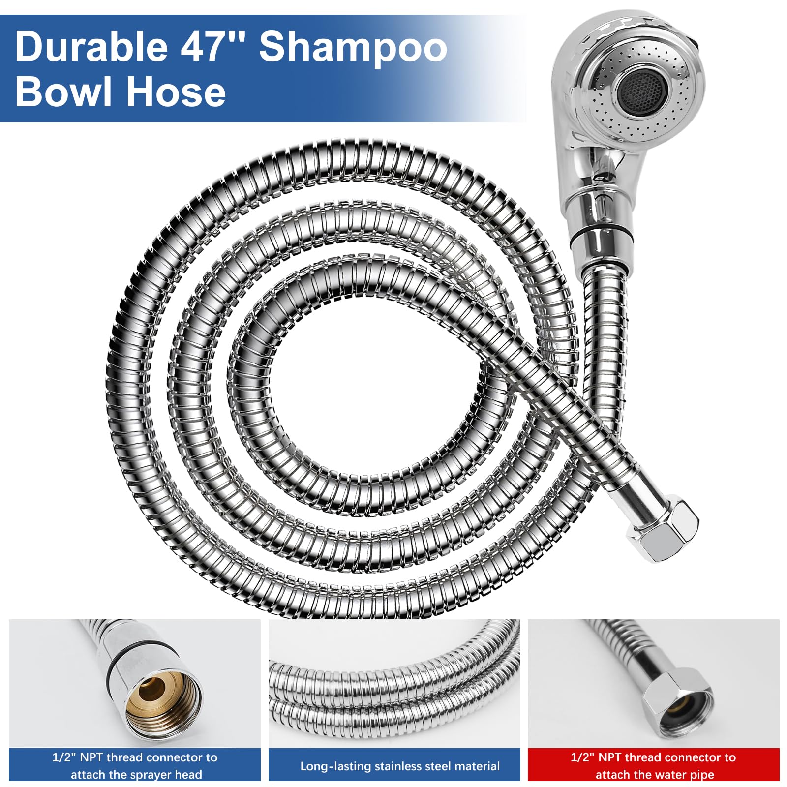 White Smoke LukLoy Shampoo Bowl Sprayer Hose Replacement, 1/2" Nut Professional Salon Sink Stainless Steel Hose for Sink Shampoo Bed