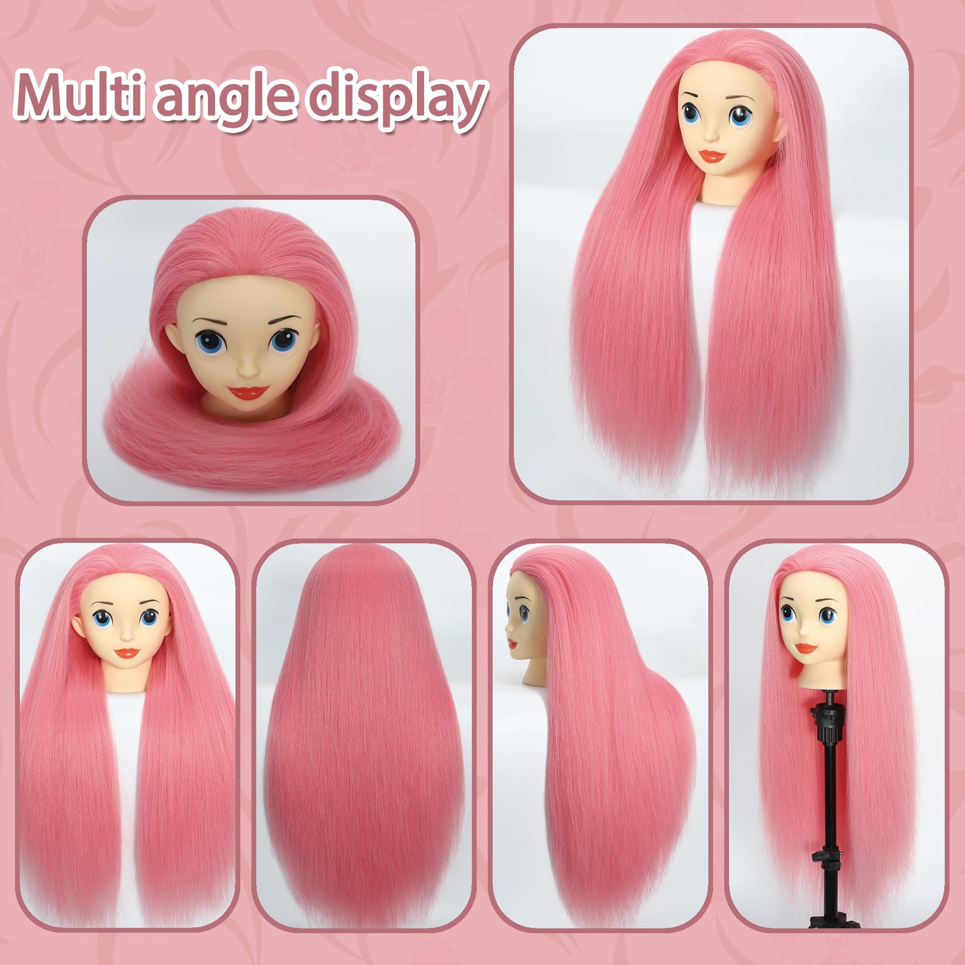 Light Pink TKIMHEQ Mannequin Head with Hair 24'' Doll Head for Hair Styling Training Head Manikin Practice Cosmetology Doll Head Styling Hairdressing Training Braiding Heads with Clamp Holder (Dark Pink)