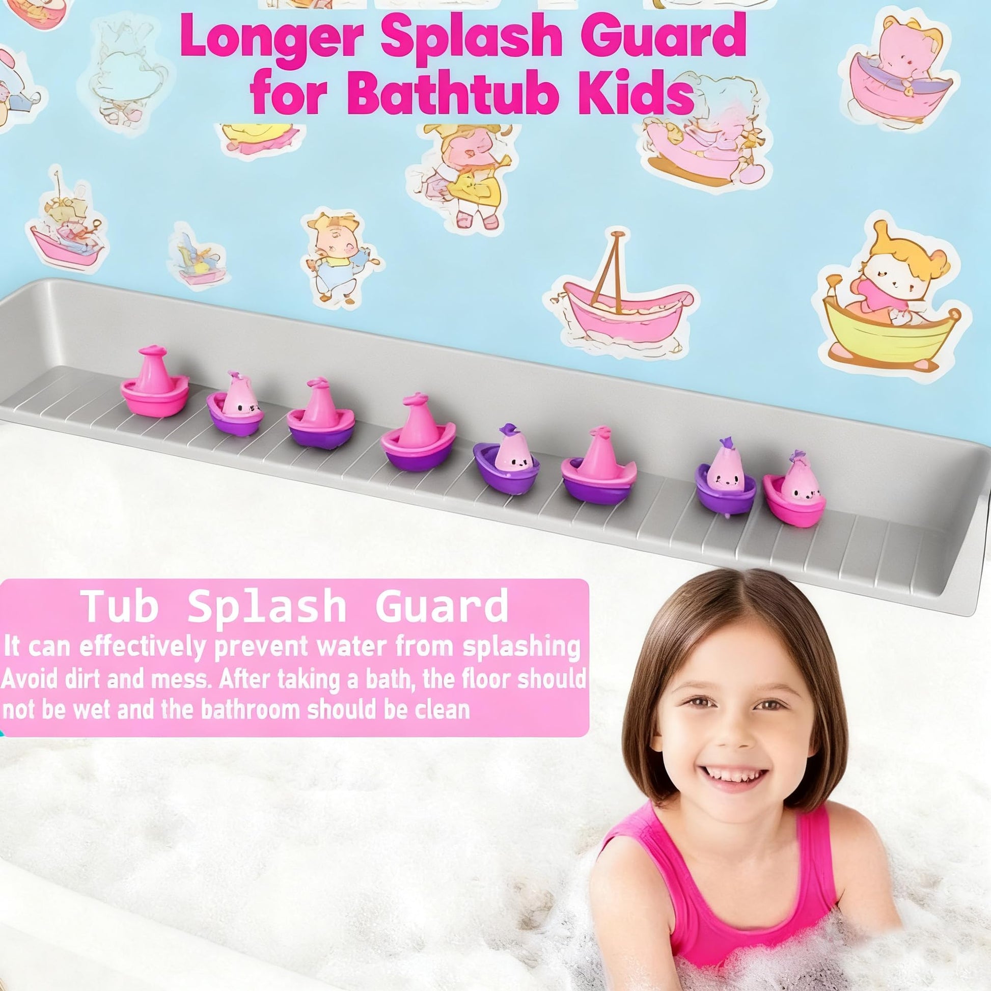 White Smoke Longer Bath Tub Splash Guard for Kids,Silicone Bath Toy Holder for Bathtub,Prevent Water Spills in Bathroom,Fun-Filled Bath Time for Toddlers Including Bath Brush and Toy Storage Bag (Grey)