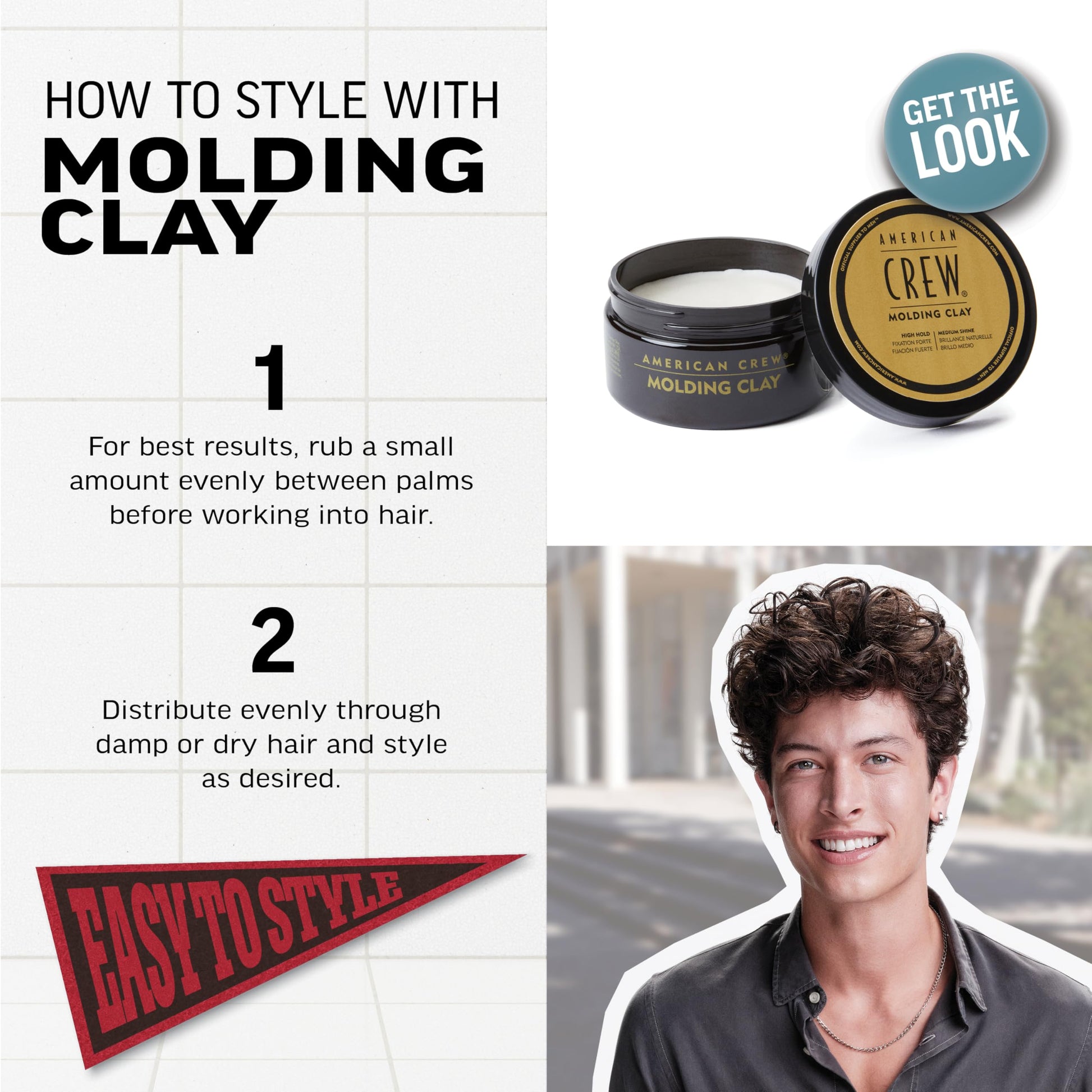 White Smoke American Crew Men's Hair Molding Clay, Like Styling Gel with Strong Hold & Medium Shine, 3 oz