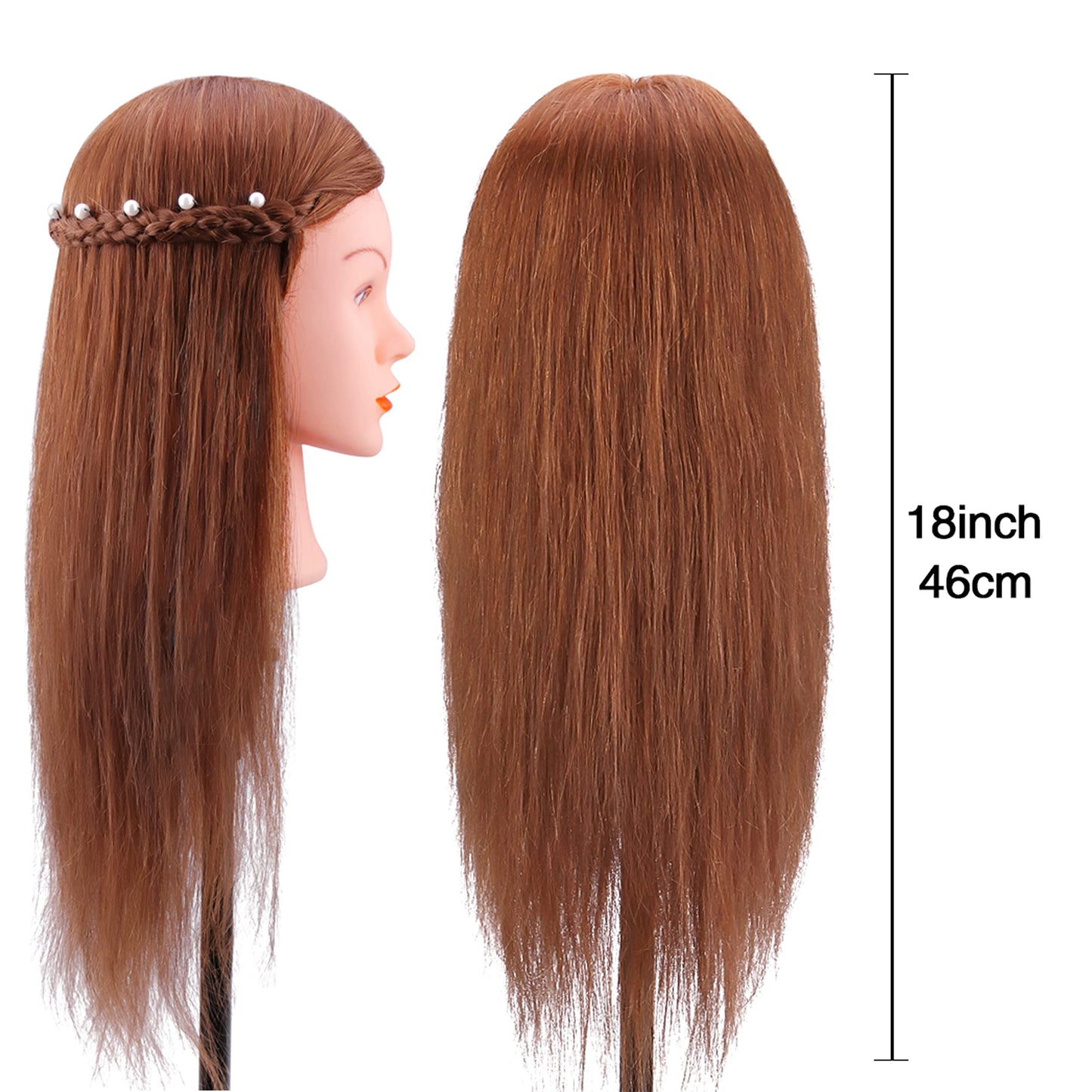 White Smoke Mannequin Head with 100% Human Hair, TopDirect Real Hair Cosmetology Mannequin Head Hair Styling Hairdressing Practice Training Doll Head with Clamp Holder and Tools (Dark Brown)