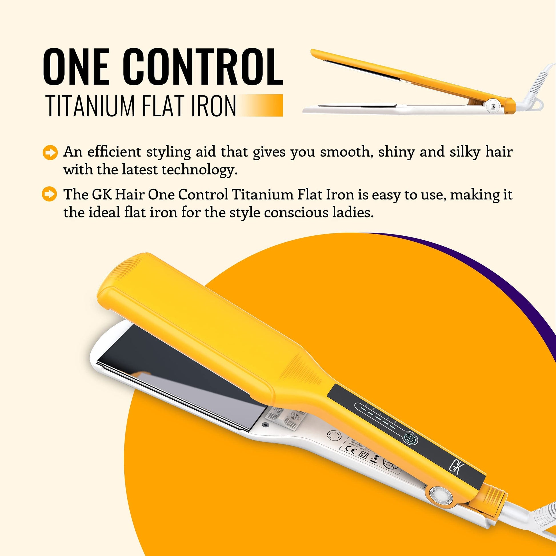 Orange GK HAIR Global Keratin One Control Titanium Styling Flat Iron, 1.5 inches Wide Plates, Auto Shutoff, Professional Straightener, All Hair Types, 150C-232C