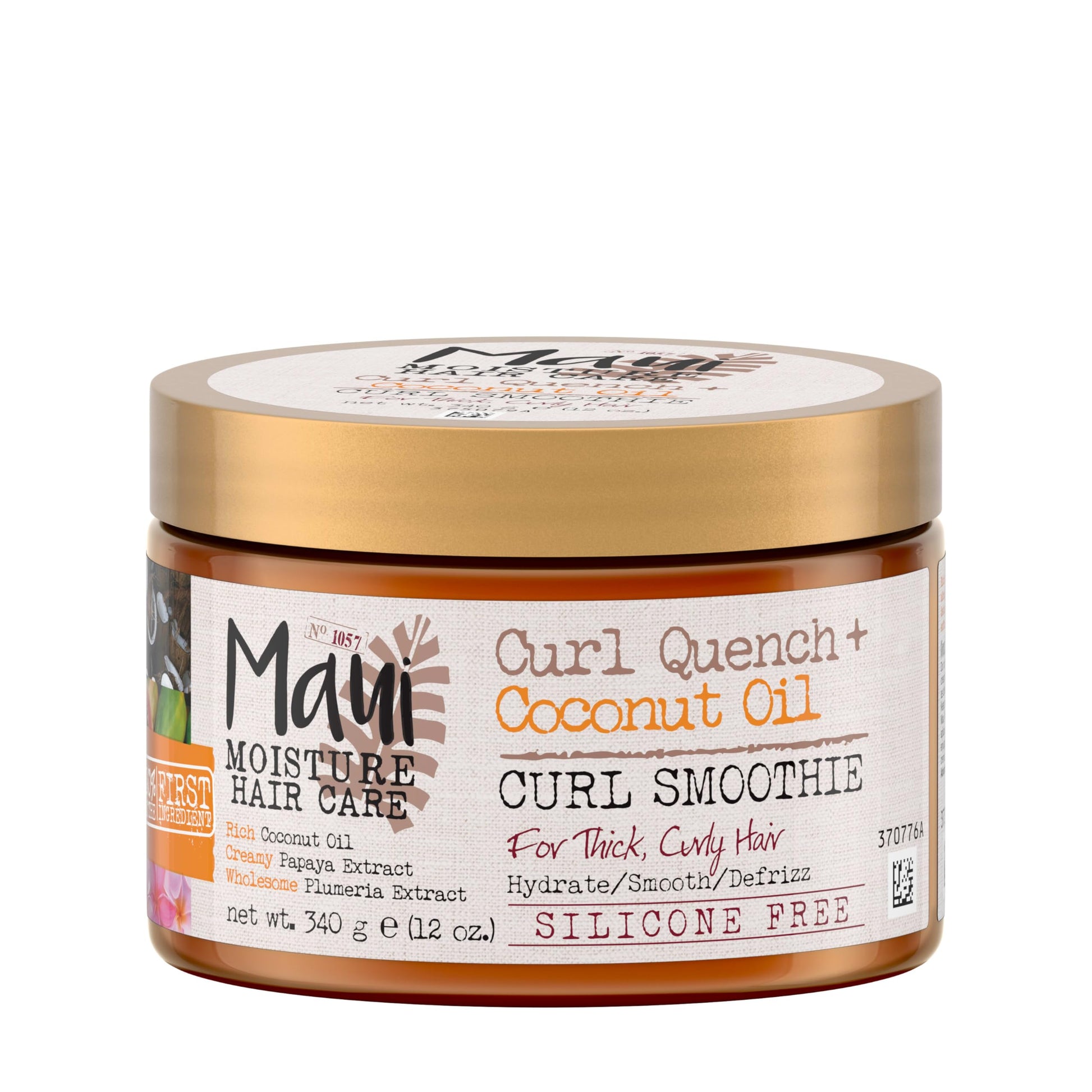 Light Gray Maui Moisture Curl Quench + Coconut Oil Hydrating Curl Cream Smoothie, Curly Hair Styling Cream with Coconut Oil & Papaya Butter Helps Tame Frizz & Enhance Softness, Silicone Free, 12 oz