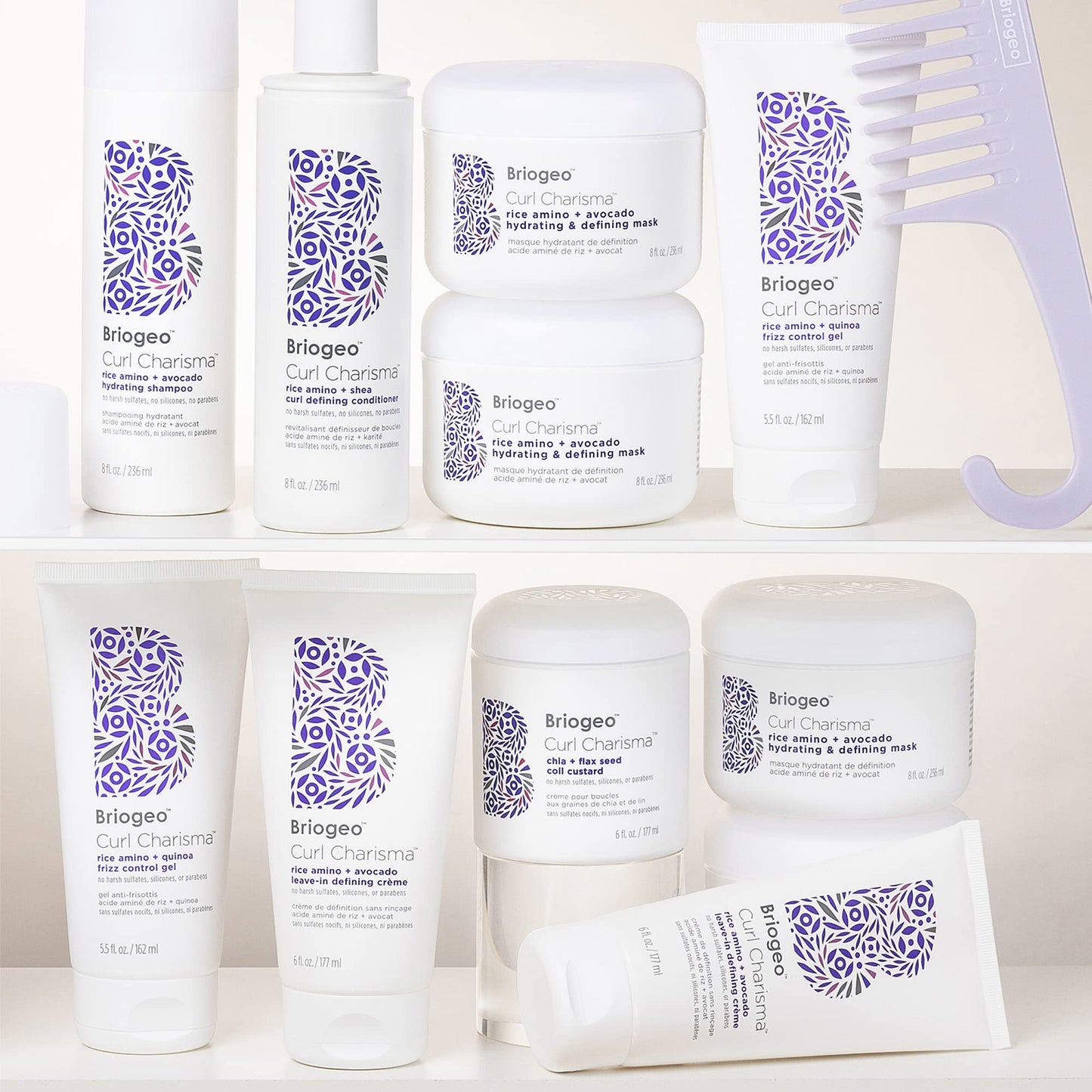 Lavender Briogeo Curl Charisma Rice Amino + Avocado Leave-In Defining Crème, Anti Frizz Hair Styling Moisturizer, Leave In Cream for Wavy, Curly, Coily Hair, Boosts Hydration, Vegan, Cruelty-Free