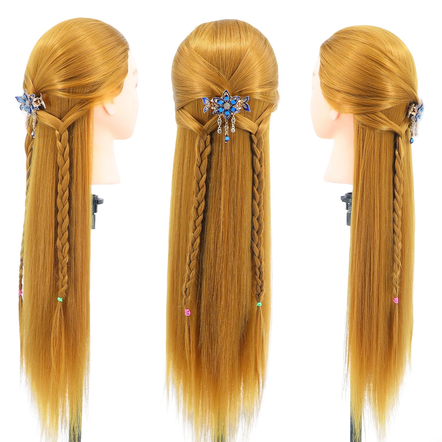 White Smoke MEICARSON 26"-28" Mannequin Head Hair Styling Training Head Manikin Cosmetology Doll Head Synthetic Fiber Hair and Free Clamp Holder Stand Hair Styling Set for Hair Extensions （ golden/yellow）